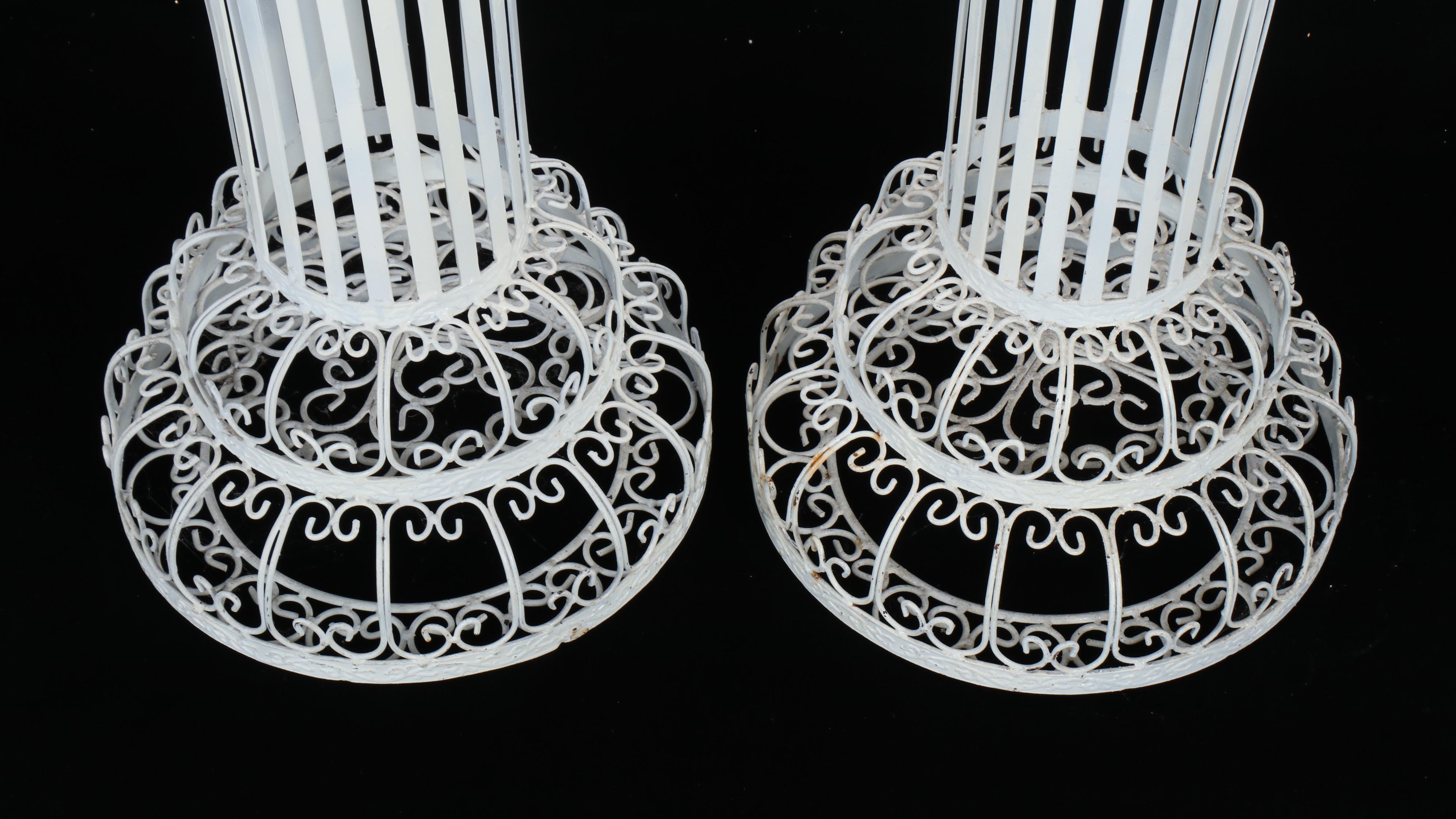 Pair of Wrought Metal Plant Stands with Hand-Painted Figural Cat Watering Can