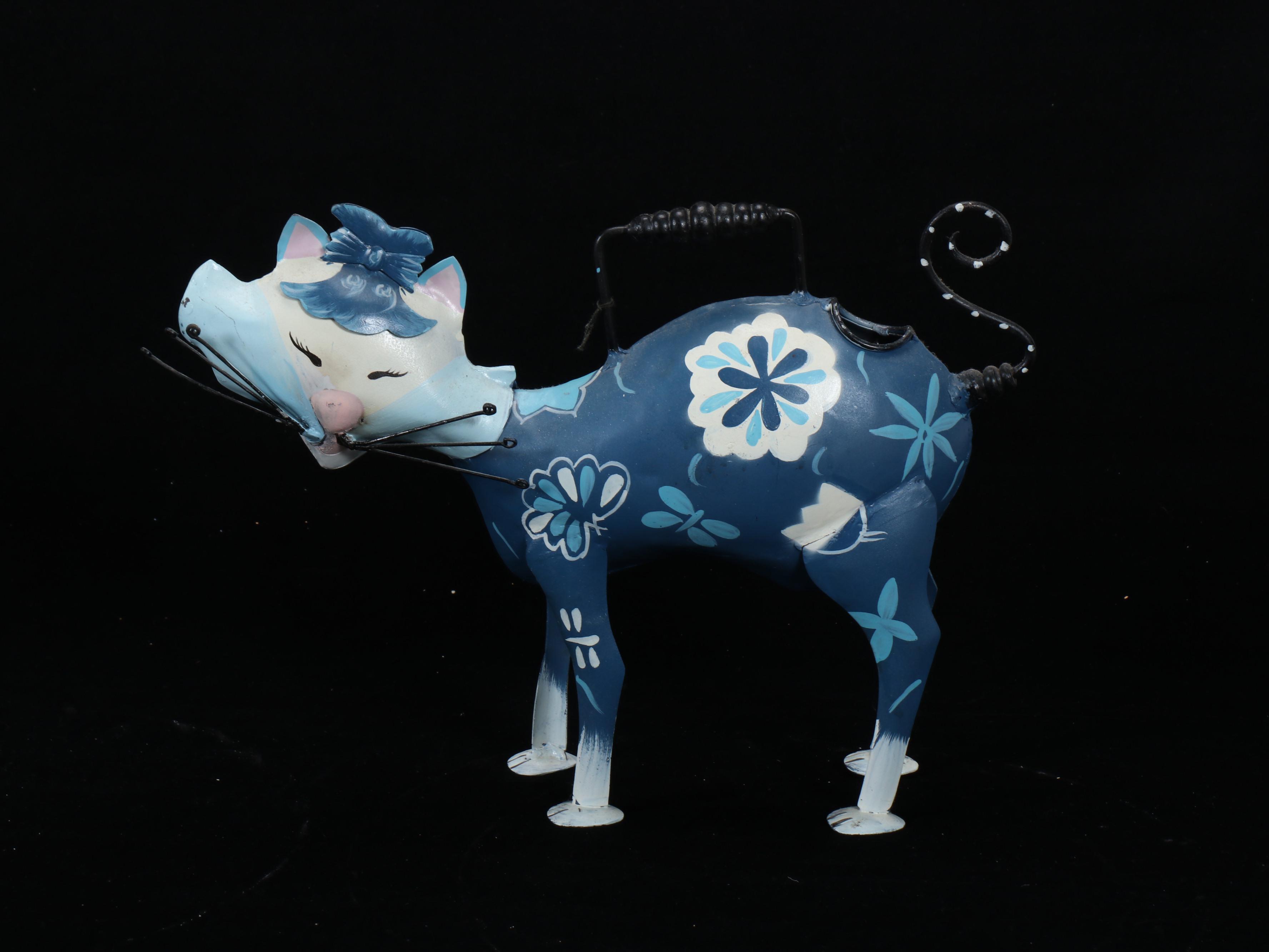 Pair of Wrought Metal Plant Stands with Hand-Painted Figural Cat Watering Can