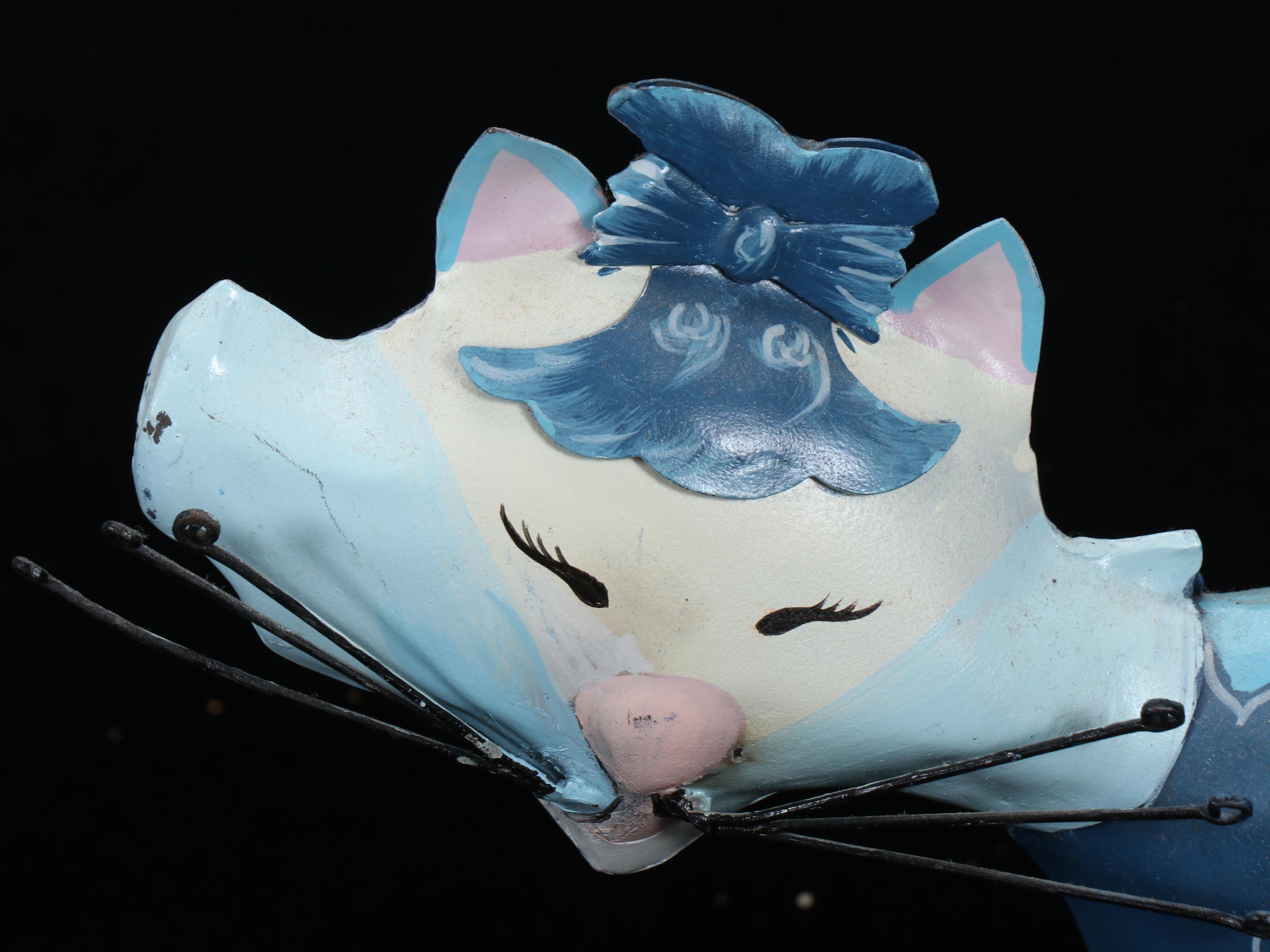 Pair of Wrought Metal Plant Stands with Hand-Painted Figural Cat Watering Can