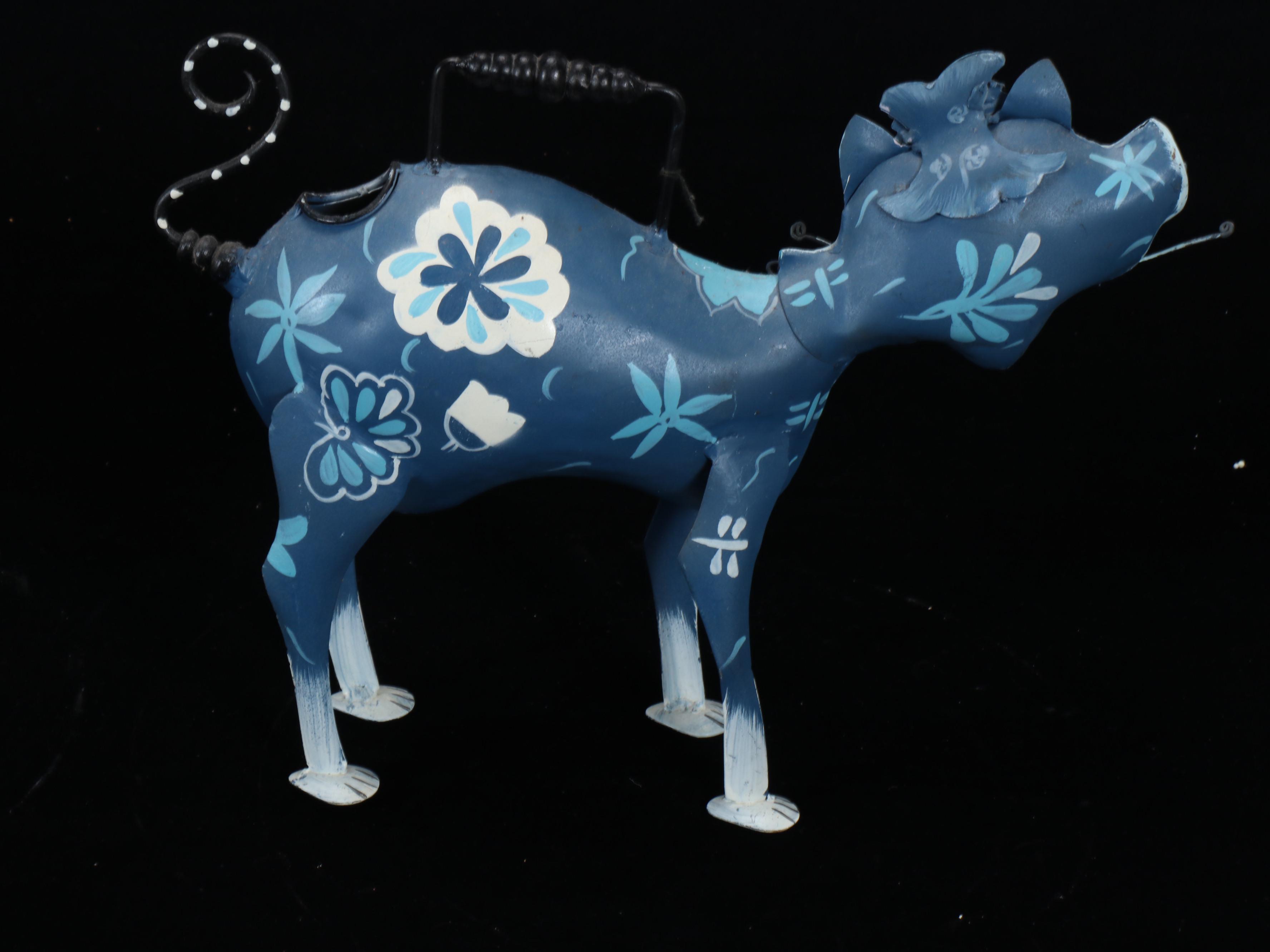 Pair of Wrought Metal Plant Stands with Hand-Painted Figural Cat Watering Can