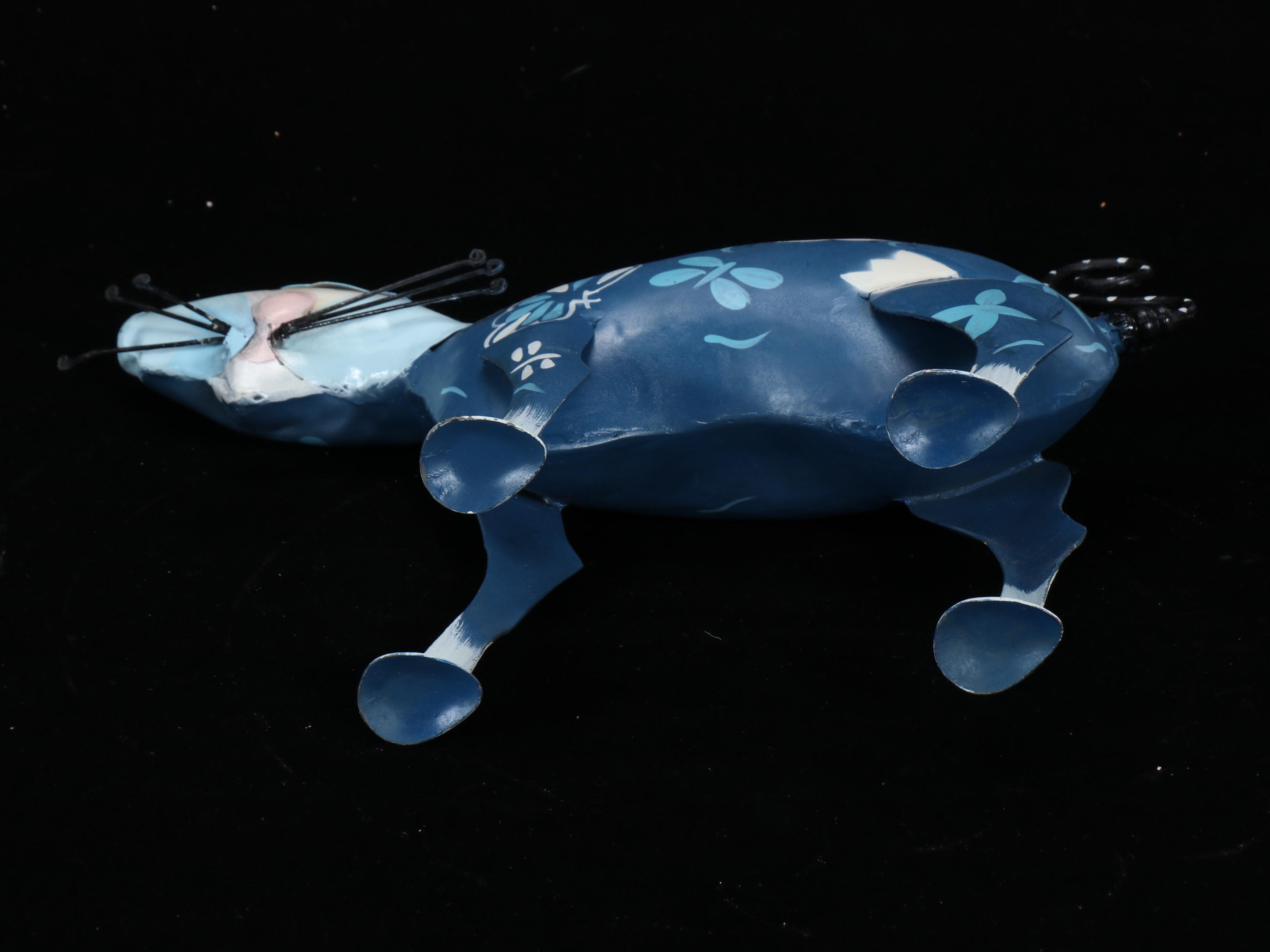 Pair of Wrought Metal Plant Stands with Hand-Painted Figural Cat Watering Can