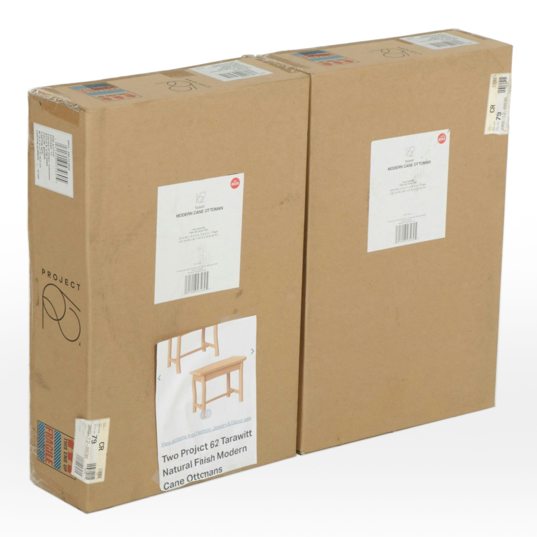 Two Project 62 Tarawitt Natural Finish Modern Cane Ottomans