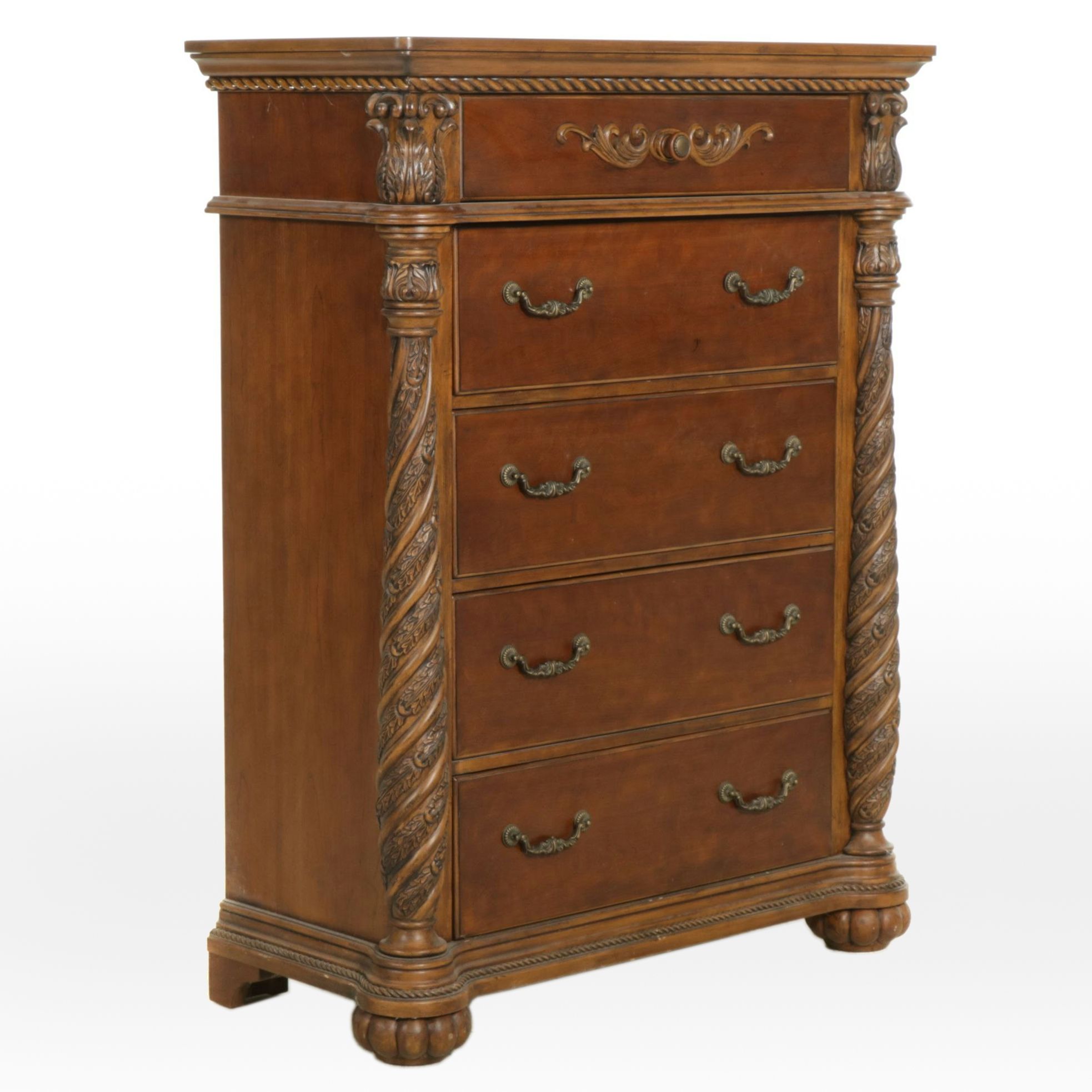 Ashley Furniture Cherry Finish Ornate Chest of Drawers