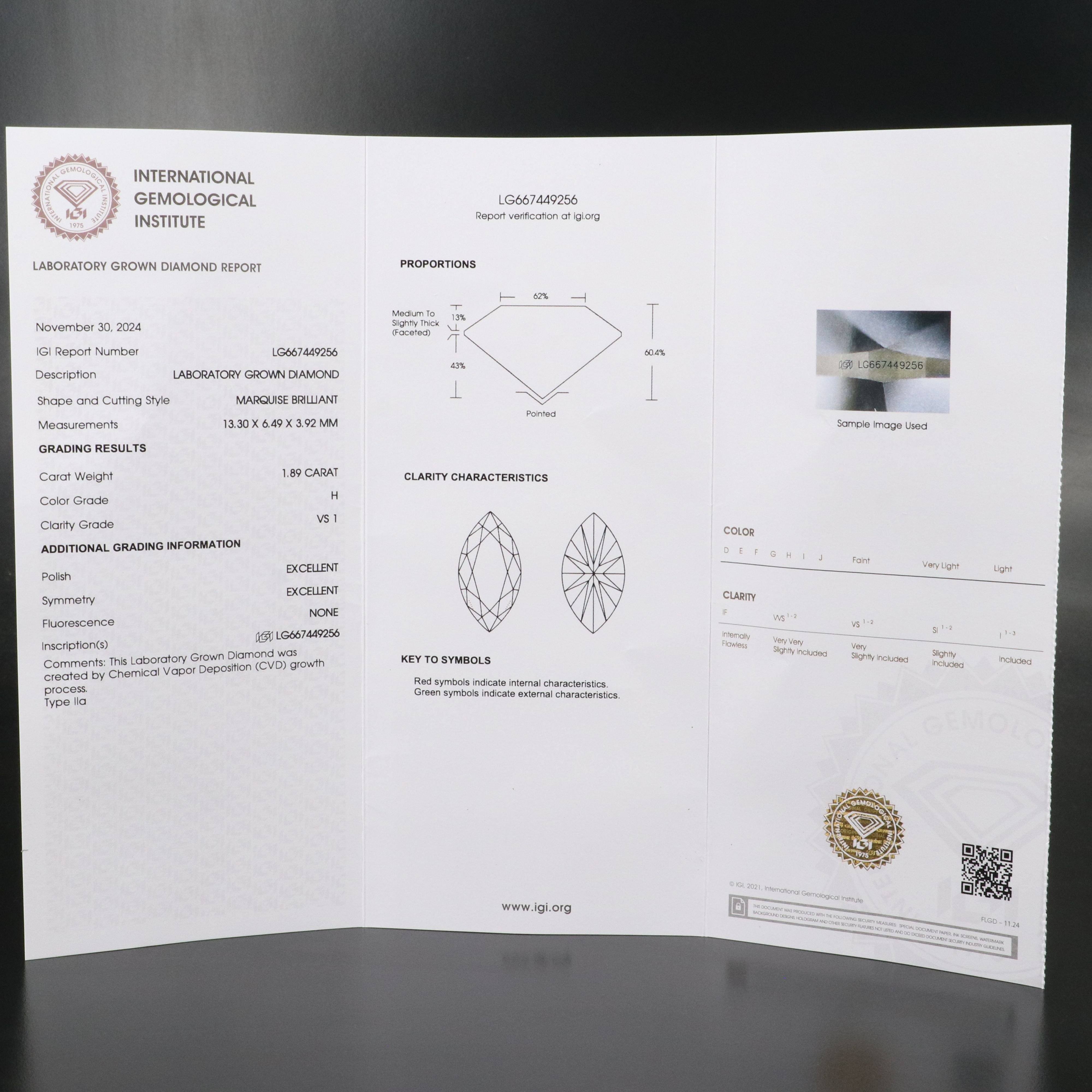 Loose 1.89 CT Lab Grown Diamond with IGI Report