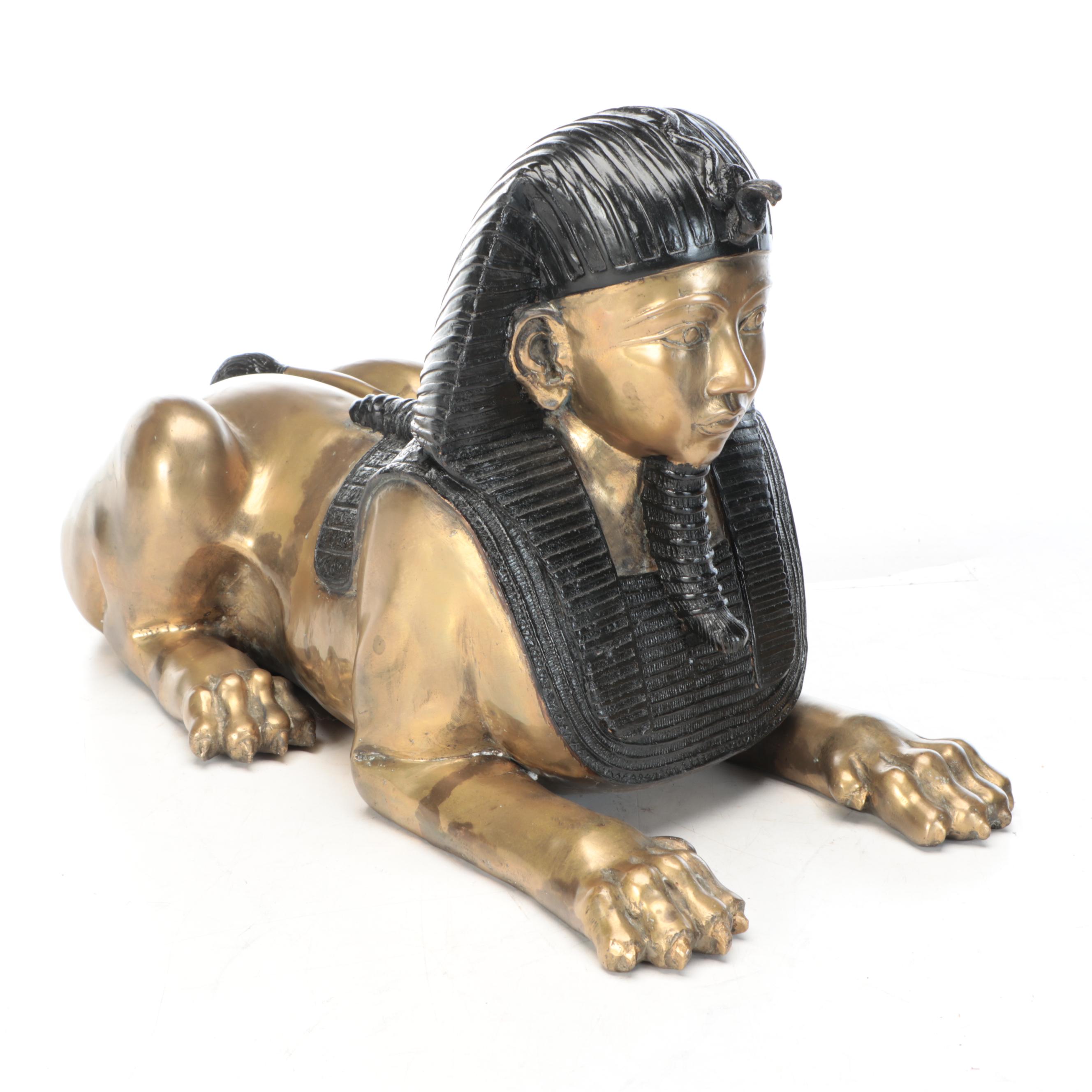 Pair of Egyptian Revival Style Parcel-Painted Brass Sphinxes, 20th Century