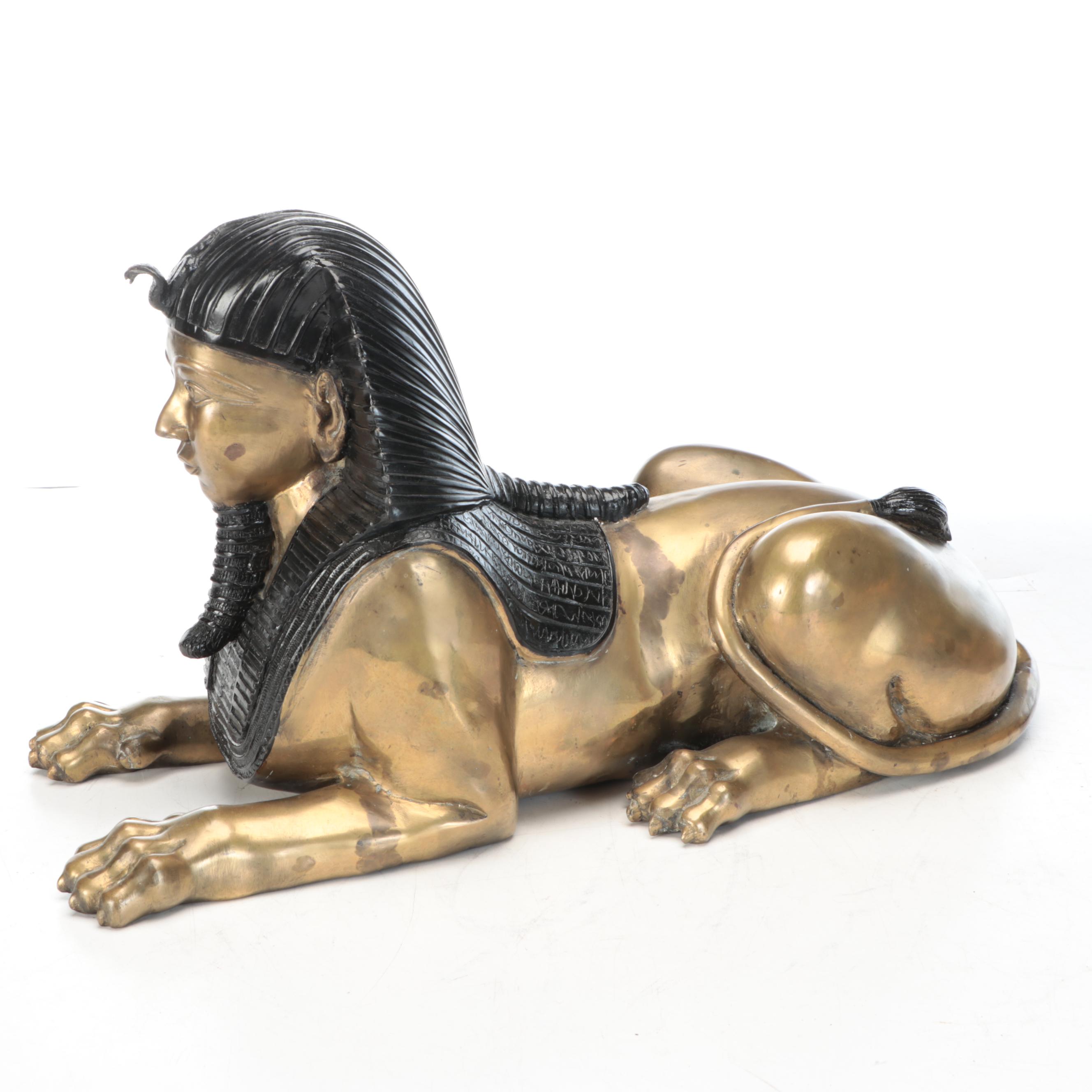 Pair of Egyptian Revival Style Parcel-Painted Brass Sphinxes, 20th Century