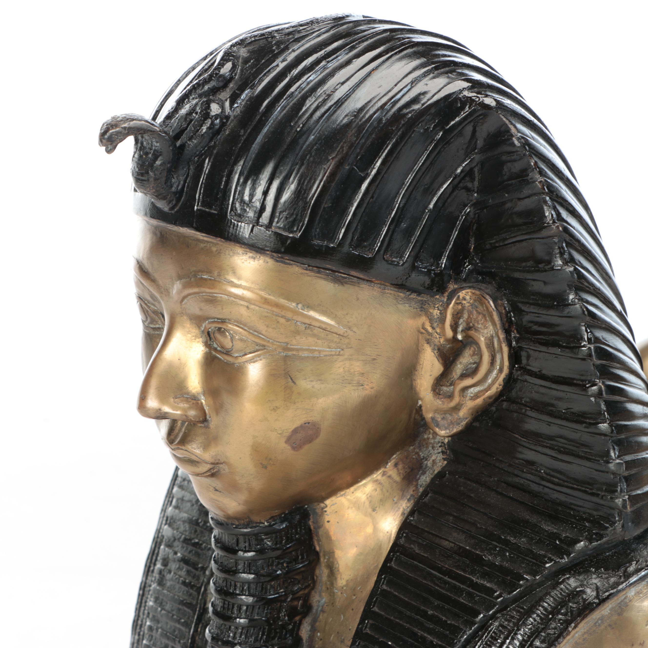 Pair of Egyptian Revival Style Parcel-Painted Brass Sphinxes, 20th Century