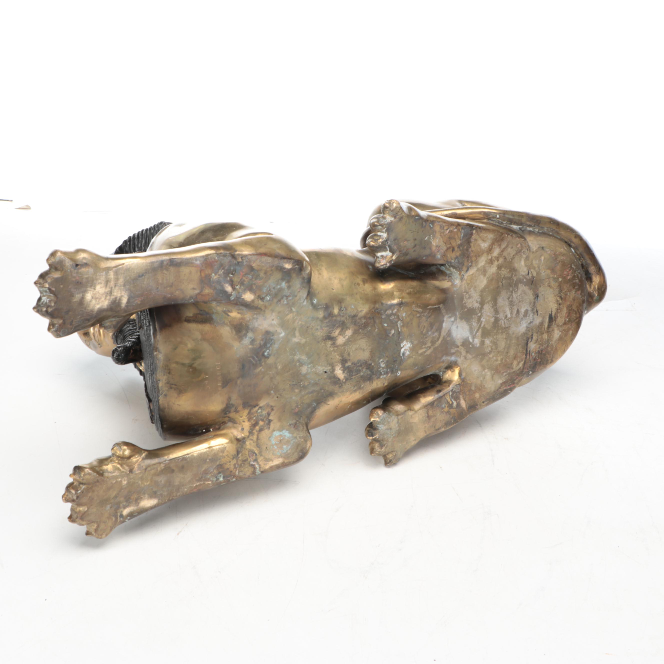 Pair of Egyptian Revival Style Parcel-Painted Brass Sphinxes, 20th Century