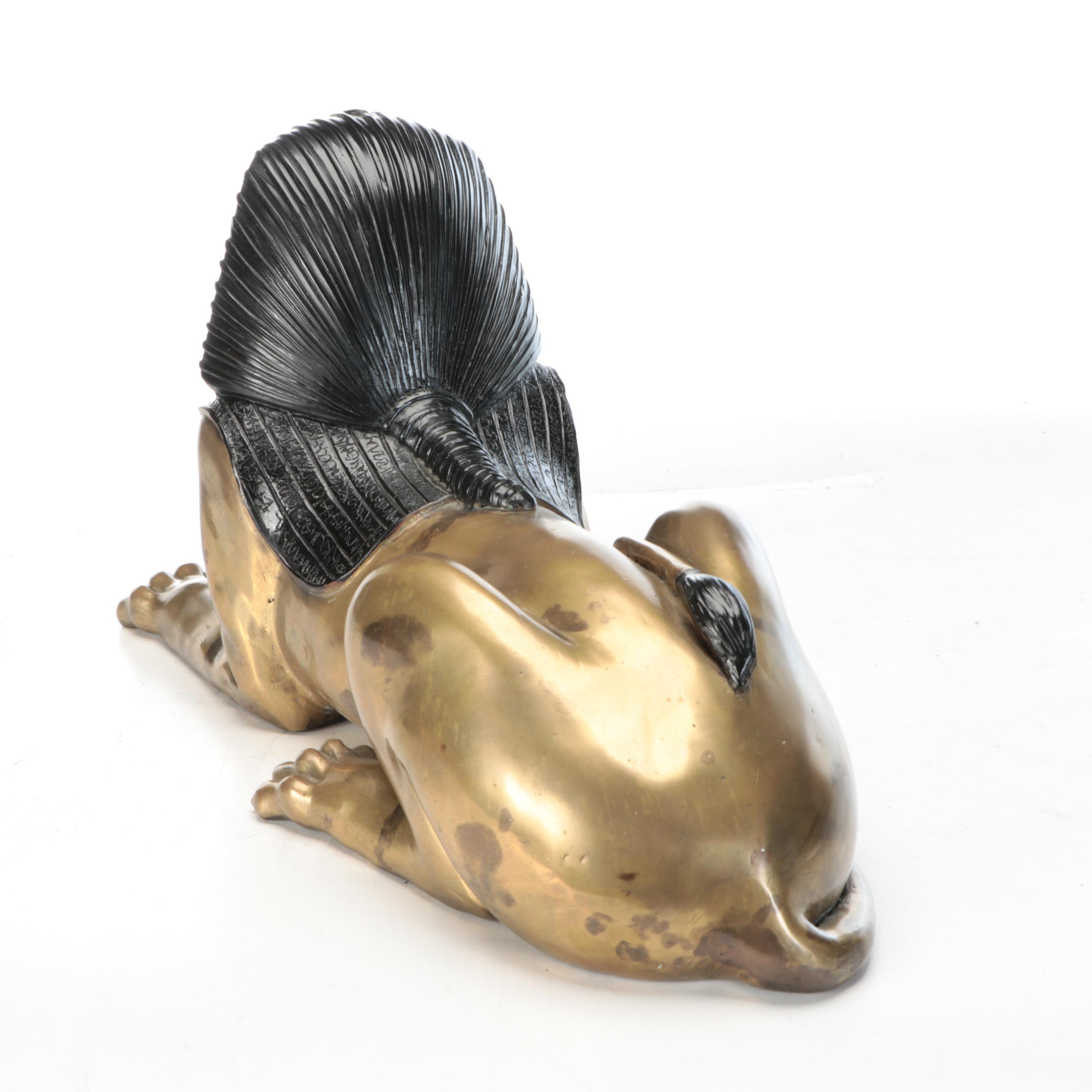 Pair of Egyptian Revival Style Parcel-Painted Brass Sphinxes, 20th Century