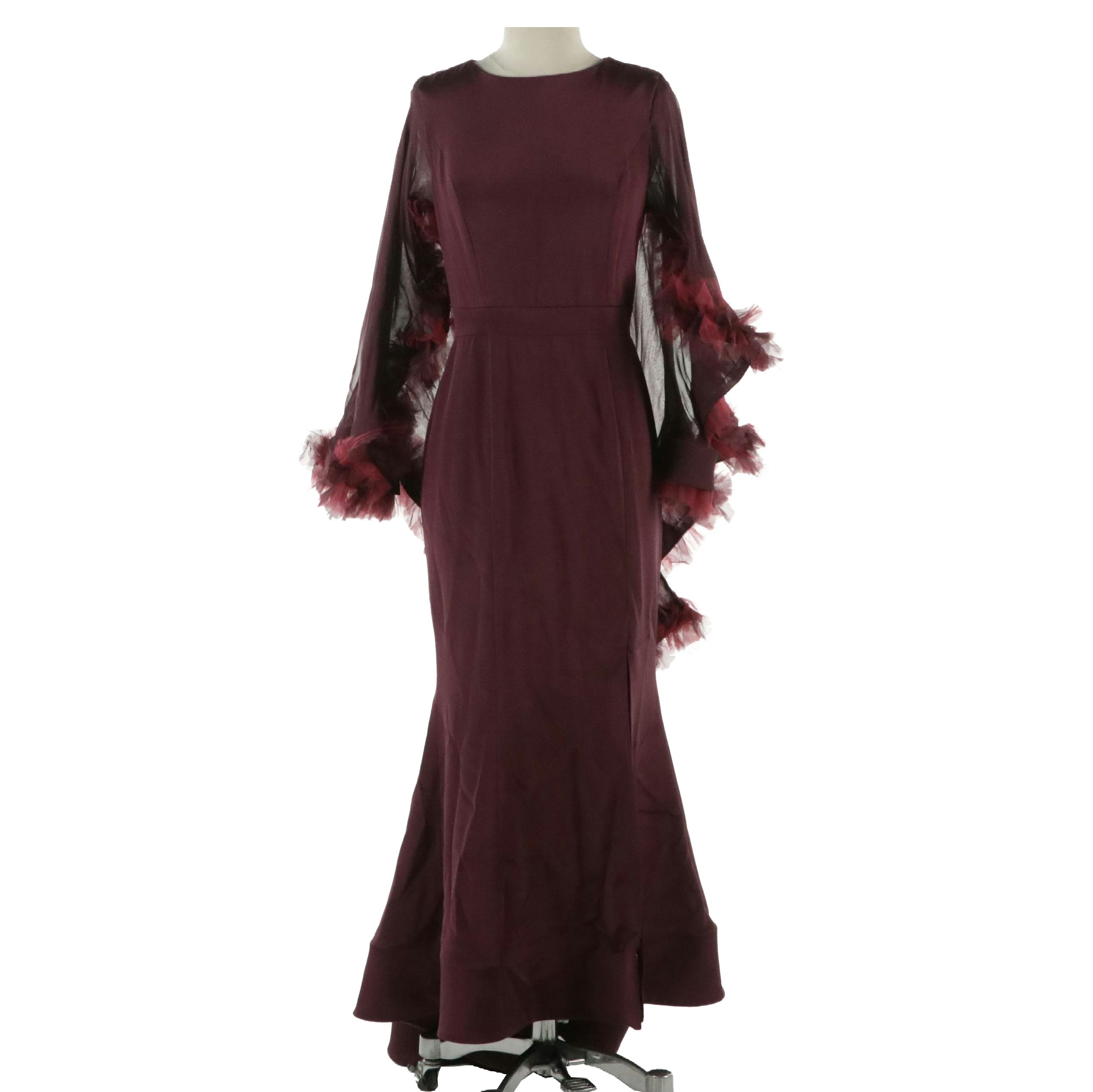 Christian Siriano Ruffled Cape Sleeve Gown in Burgundy Silk