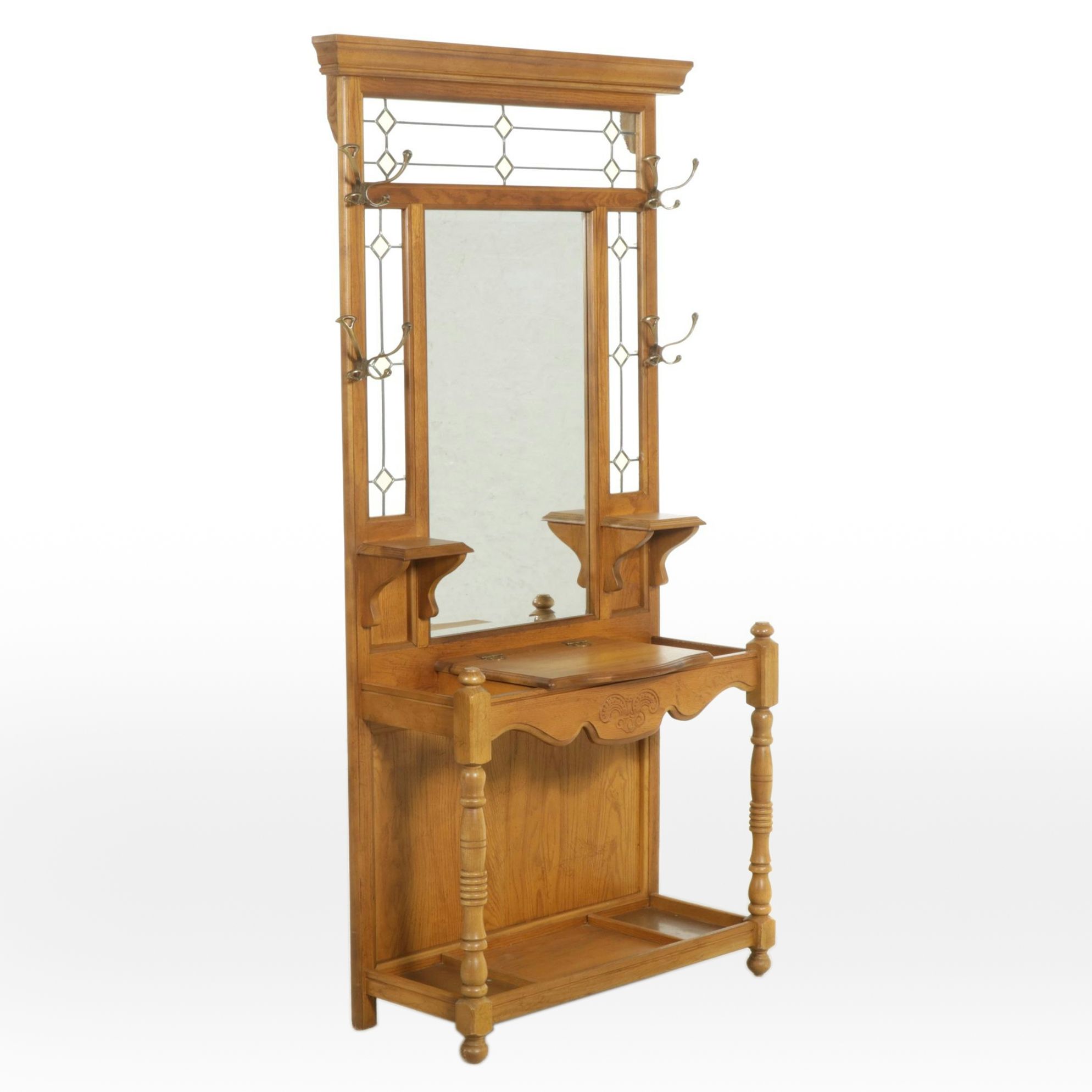 Oak Hall Tree with Illuminated Stained Glass Surround, Late 20th Century