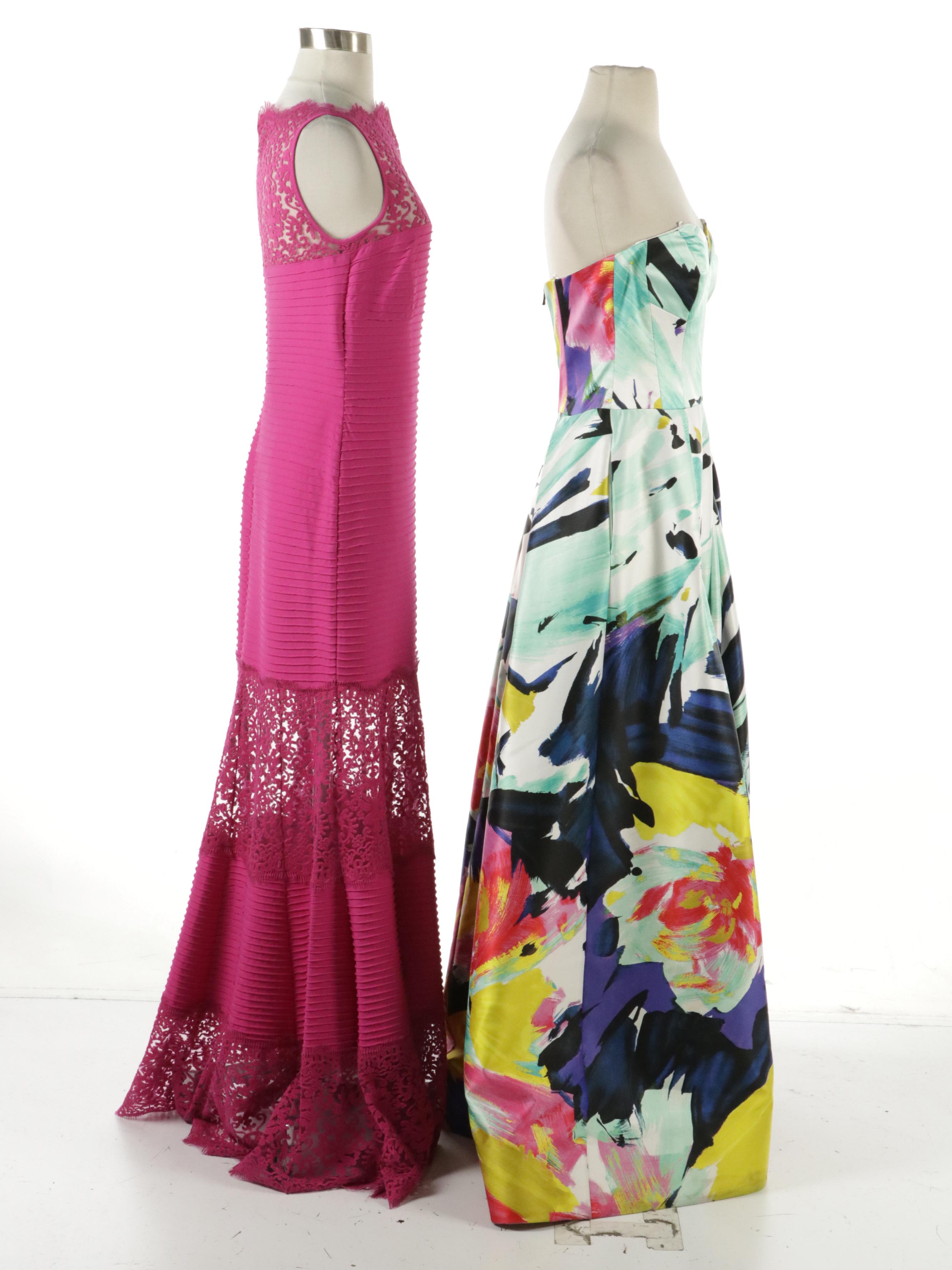 Tadashi Shoji Hot Pink Lace-Paneled Gown & Milly Abstract Floral Strapless Gown