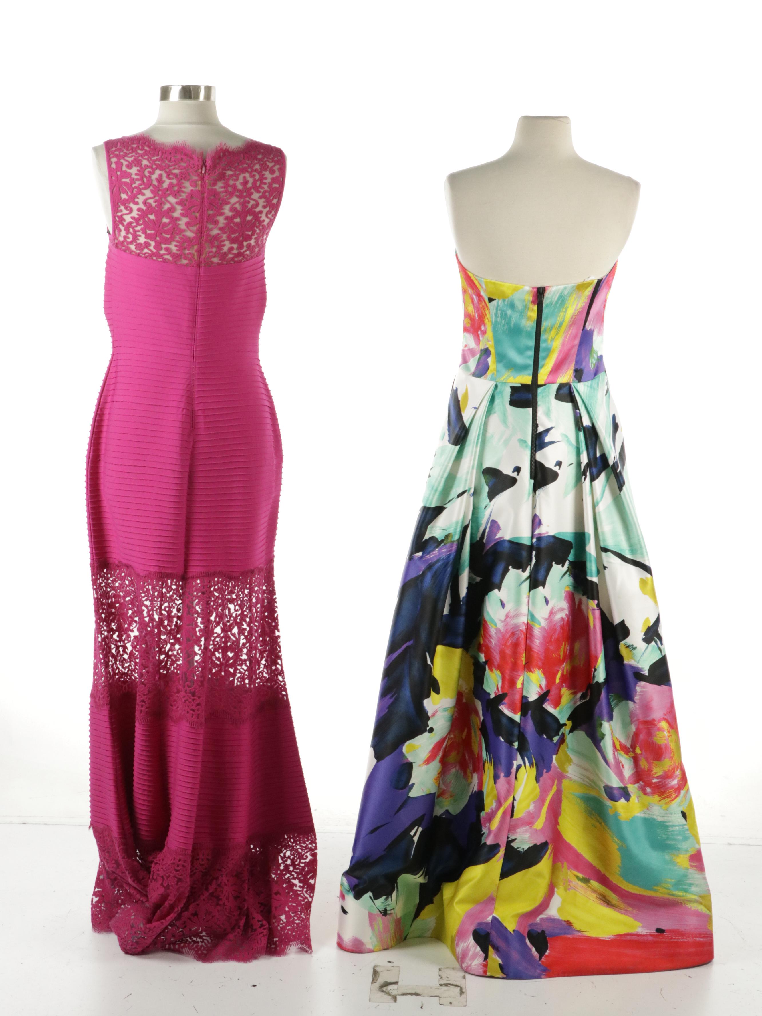 Tadashi Shoji Hot Pink Lace-Paneled Gown & Milly Abstract Floral Strapless Gown