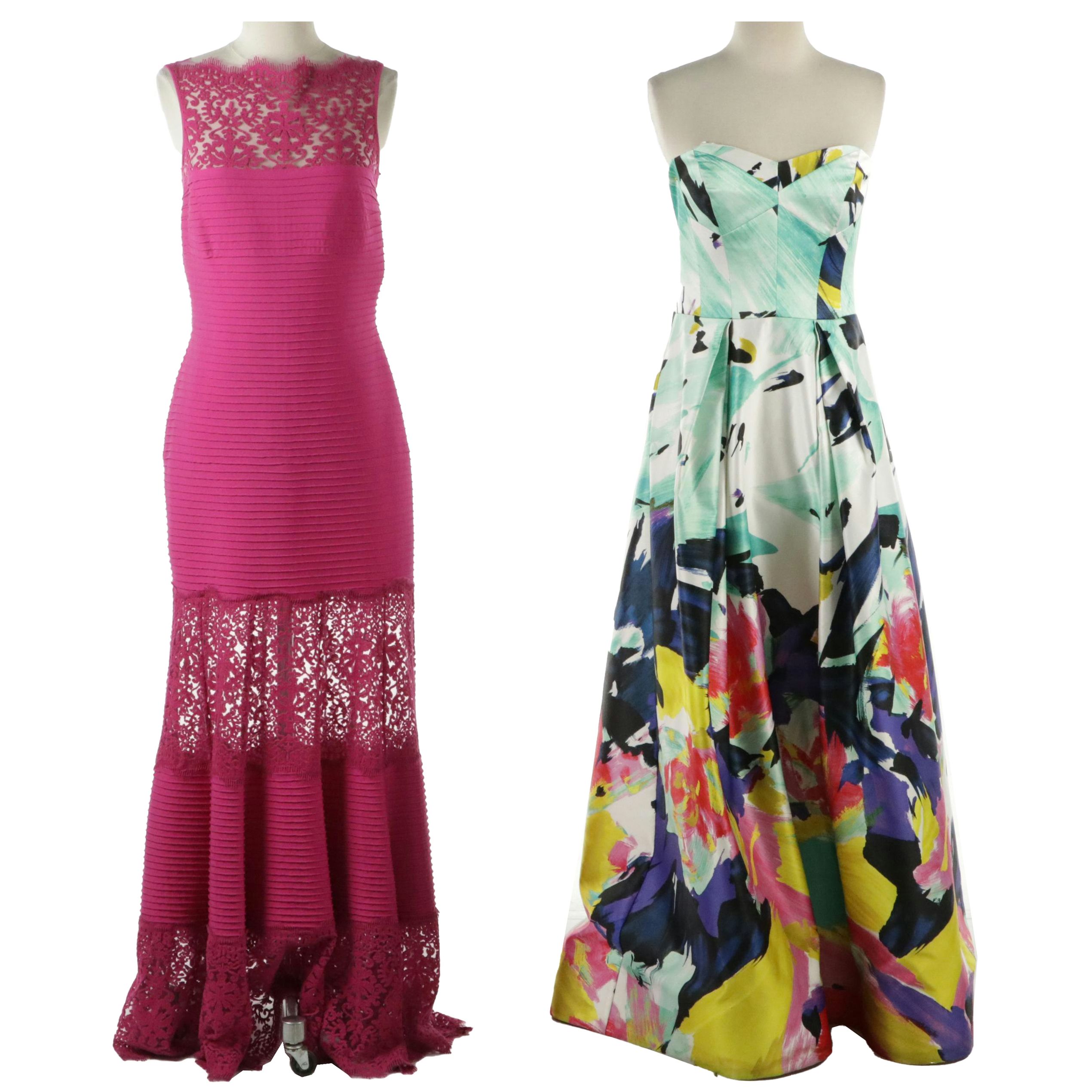 Tadashi Shoji Hot Pink Lace-Paneled Gown & Milly Abstract Floral Strapless Gown