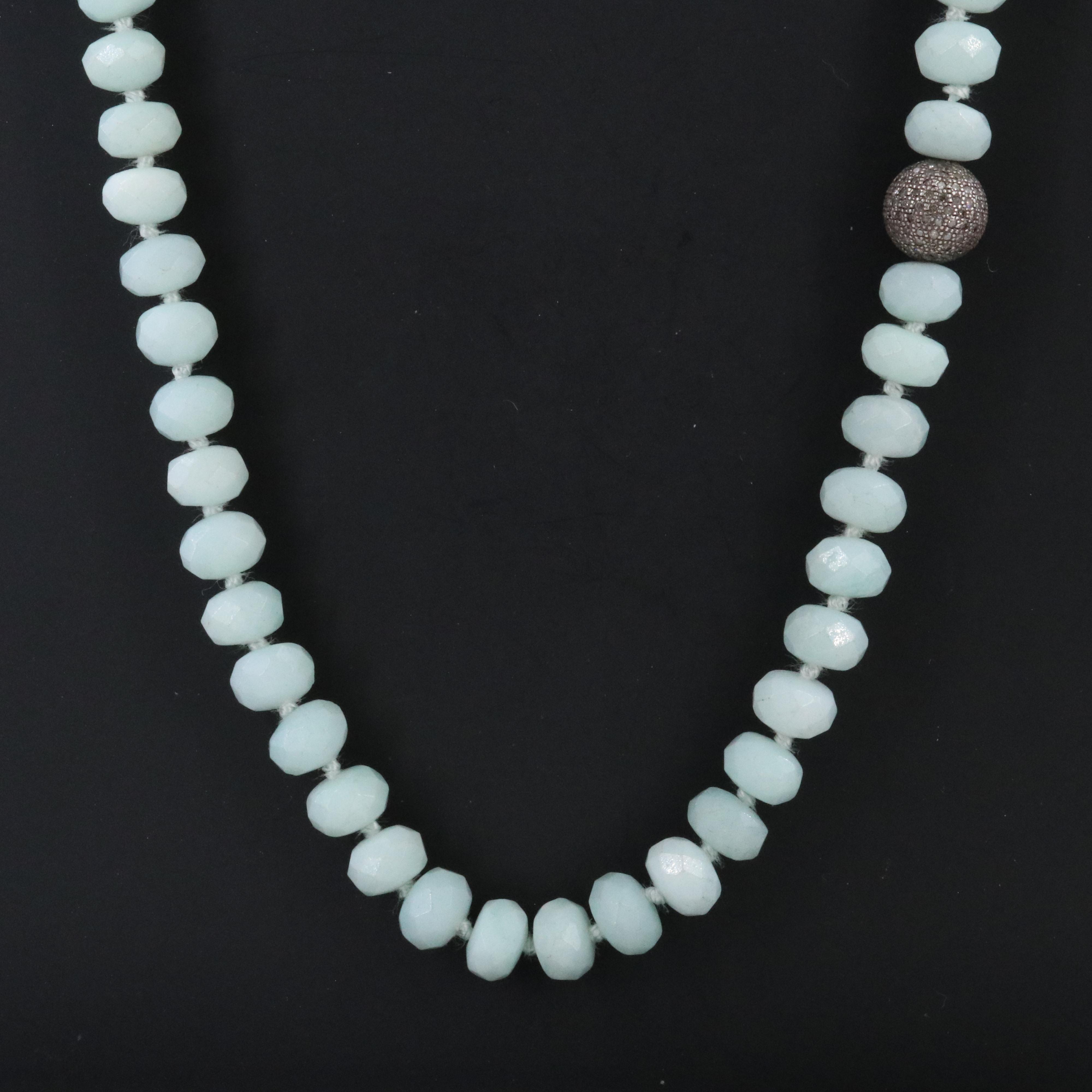 Aquamarine Necklace with Sterling Pavé Diamond Bead Attributed to Sheryl Lowe