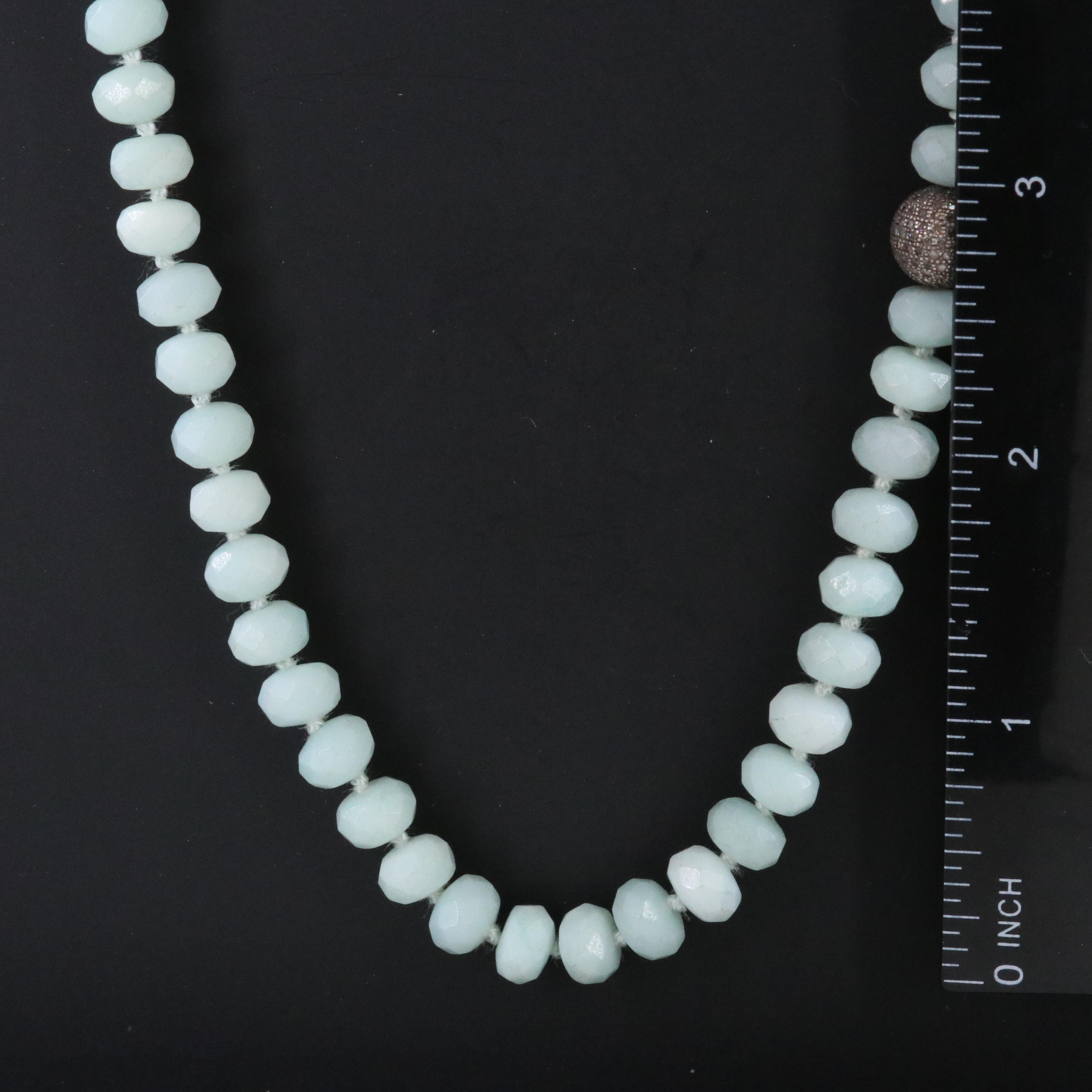 Aquamarine Necklace with Sterling Pavé Diamond Bead Attributed to Sheryl Lowe