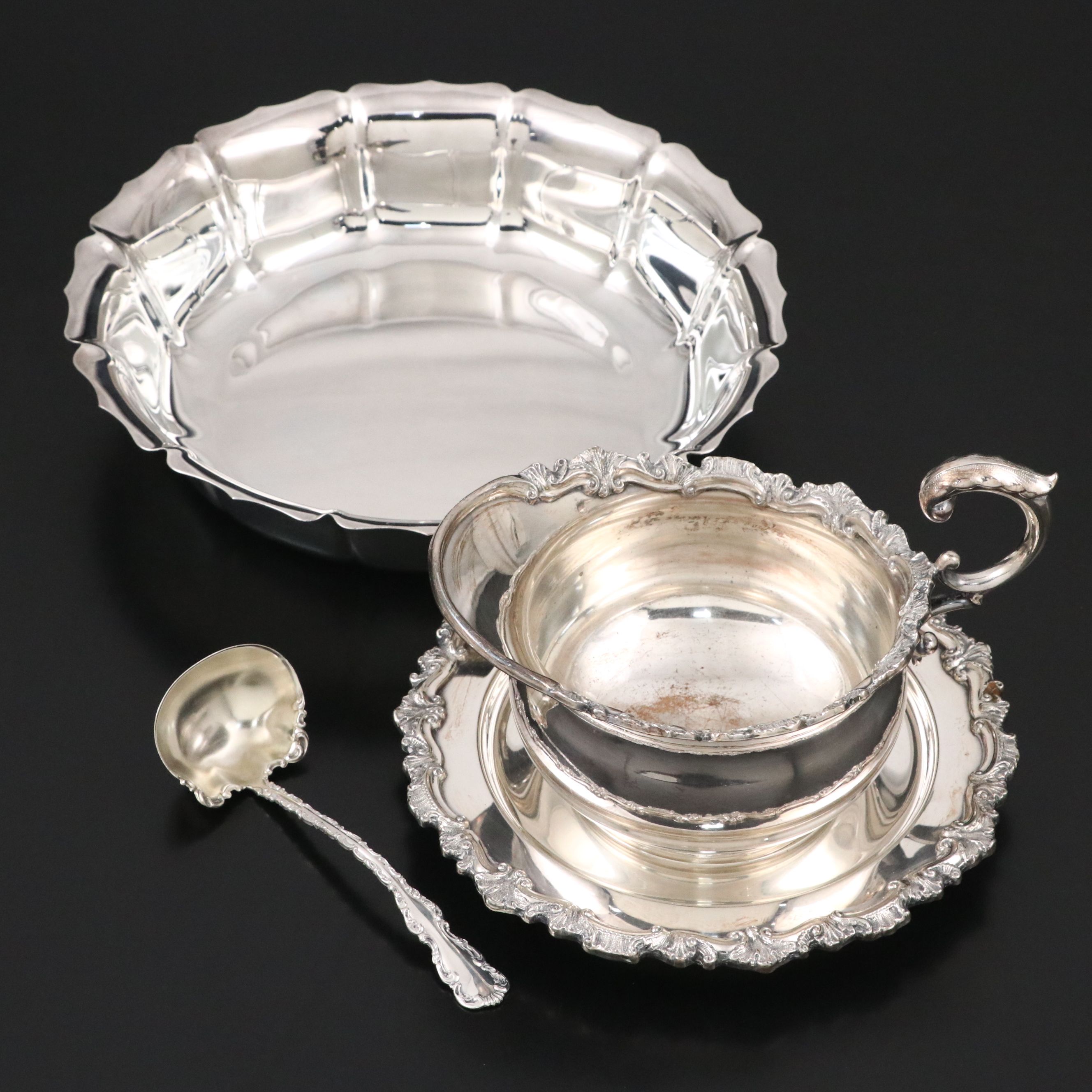 Whiting Mfg "Louis XV" Sterling Sauce Ladle with Other Silver Plate Serveware