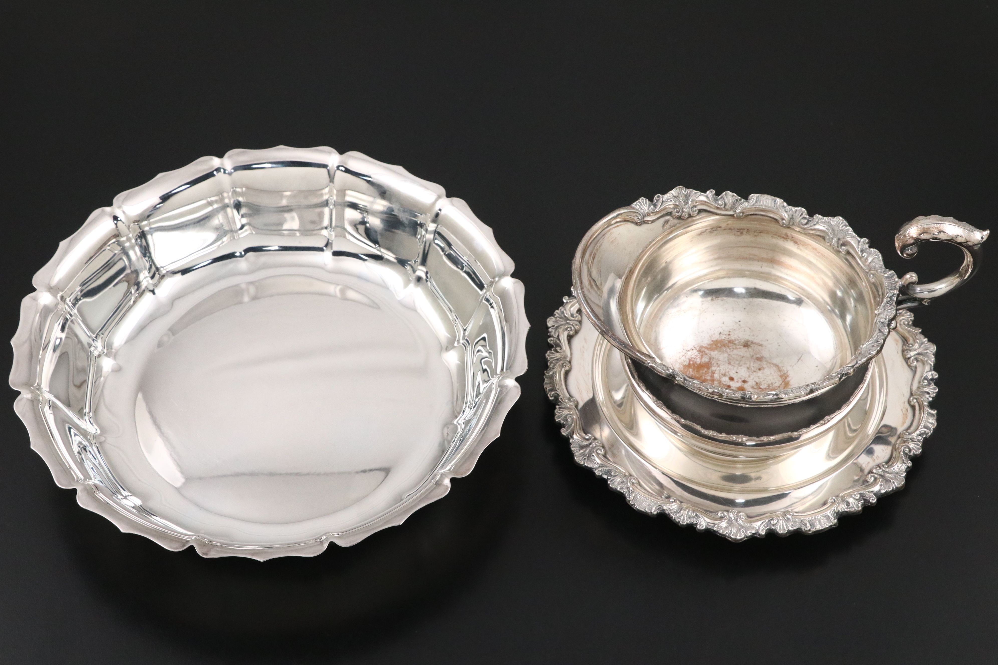 Whiting Mfg "Louis XV" Sterling Sauce Ladle with Other Silver Plate Serveware