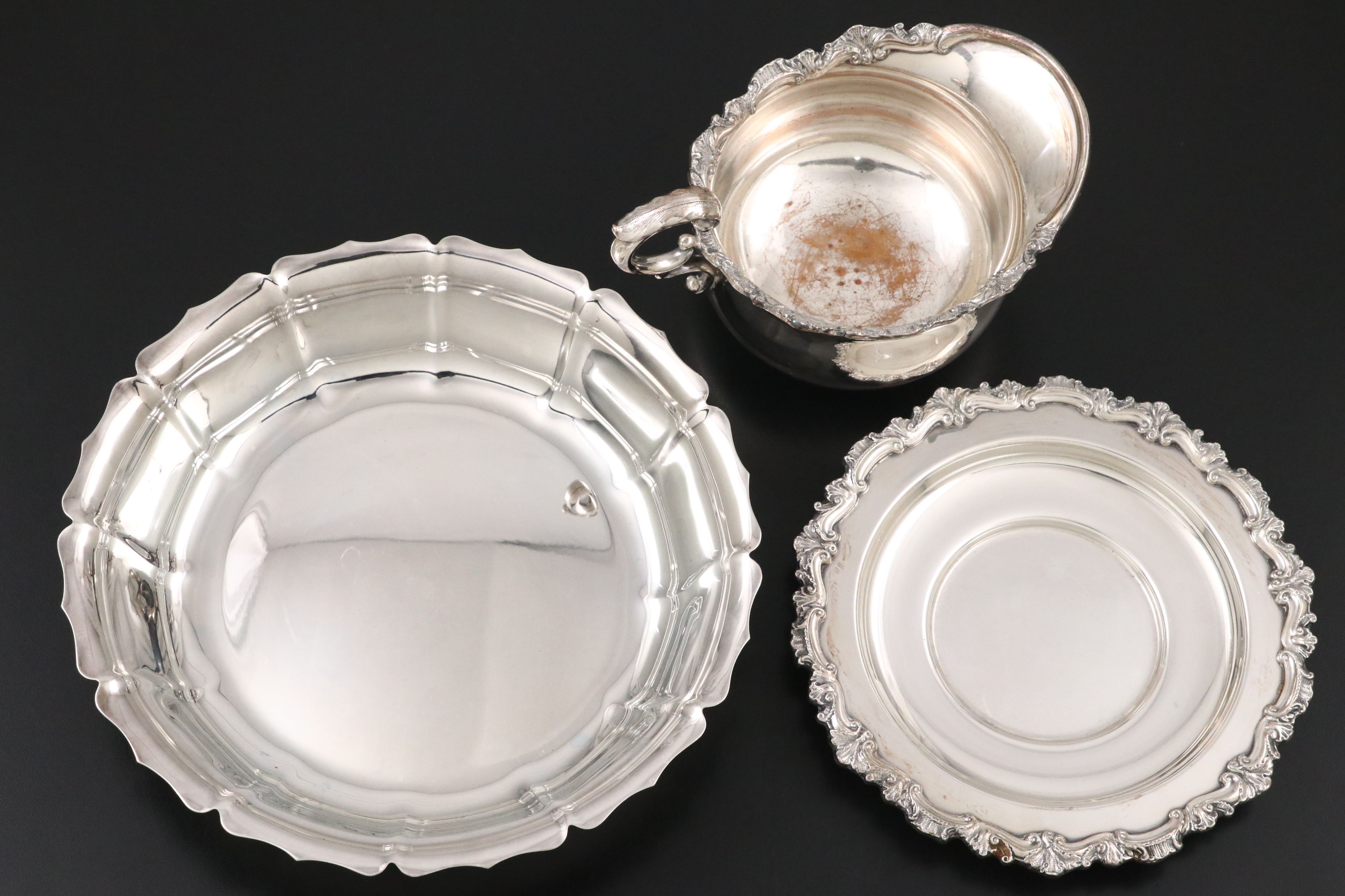 Whiting Mfg "Louis XV" Sterling Sauce Ladle with Other Silver Plate Serveware