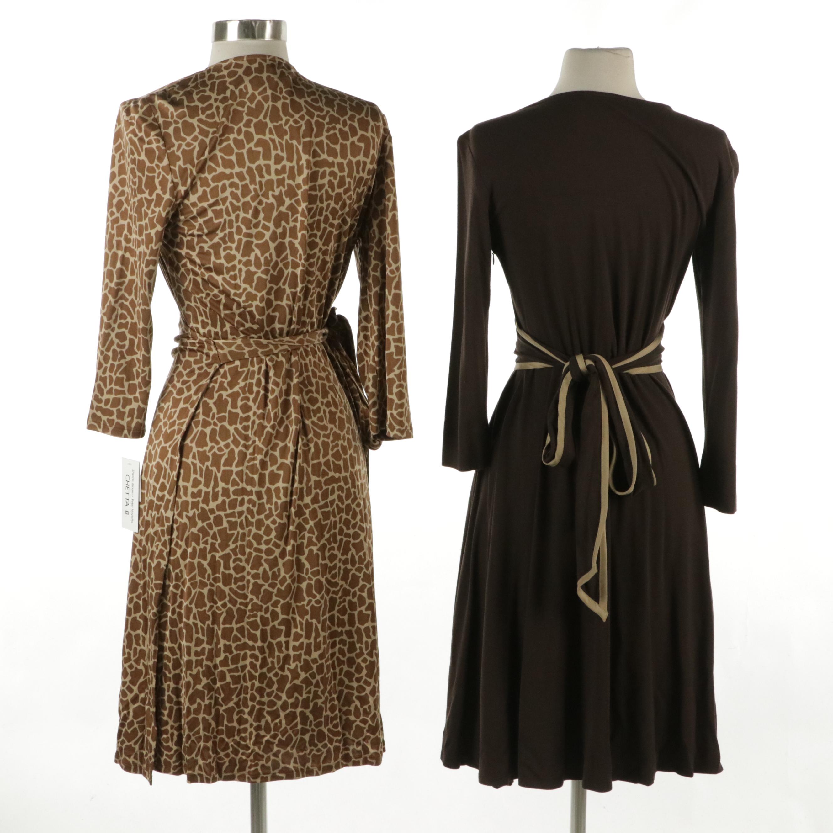 Chetta B Cheetah Print Silk Wrap Dress and V-Neck Flared Skirt Dress