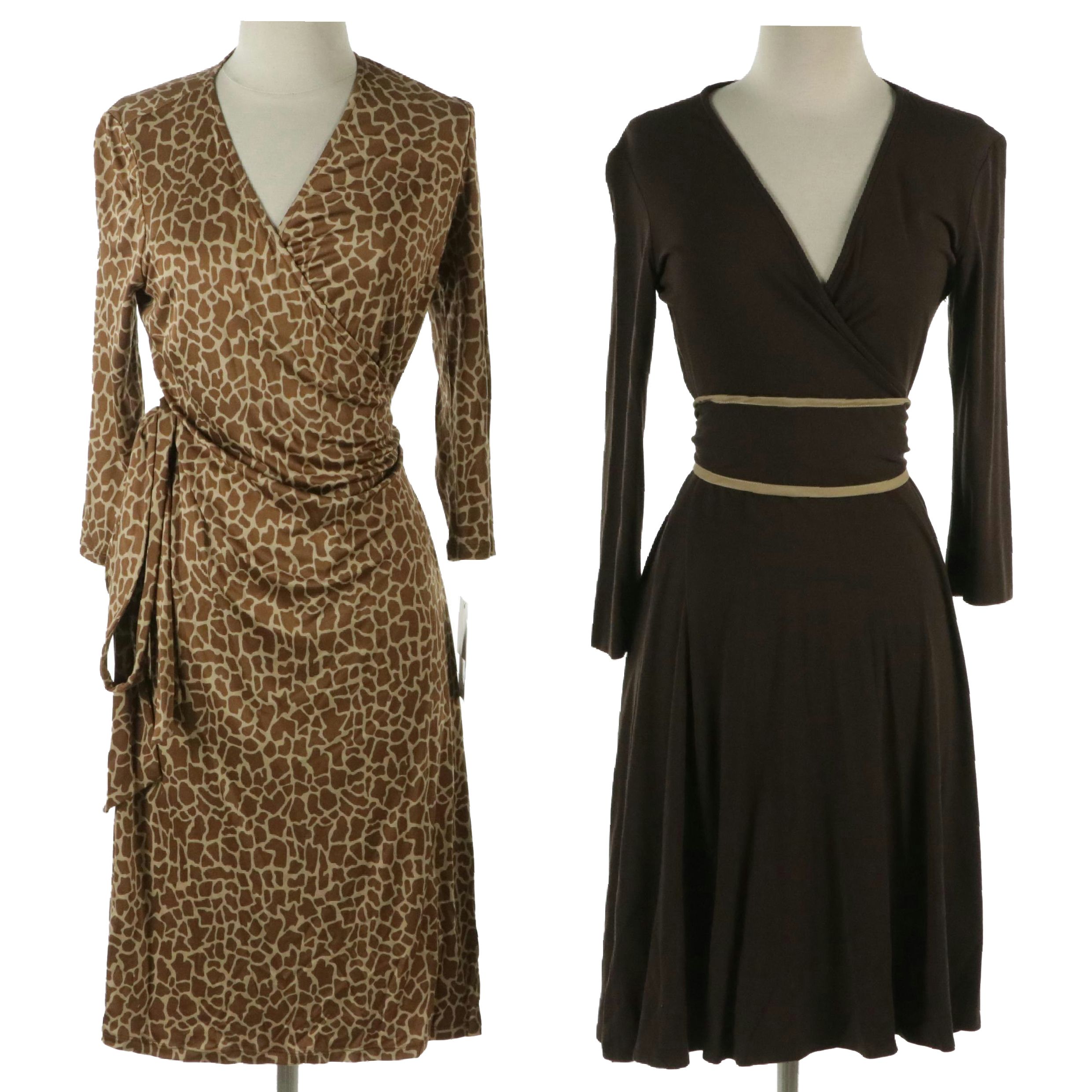 Chetta B Cheetah Print Silk Wrap Dress and V-Neck Flared Skirt Dress