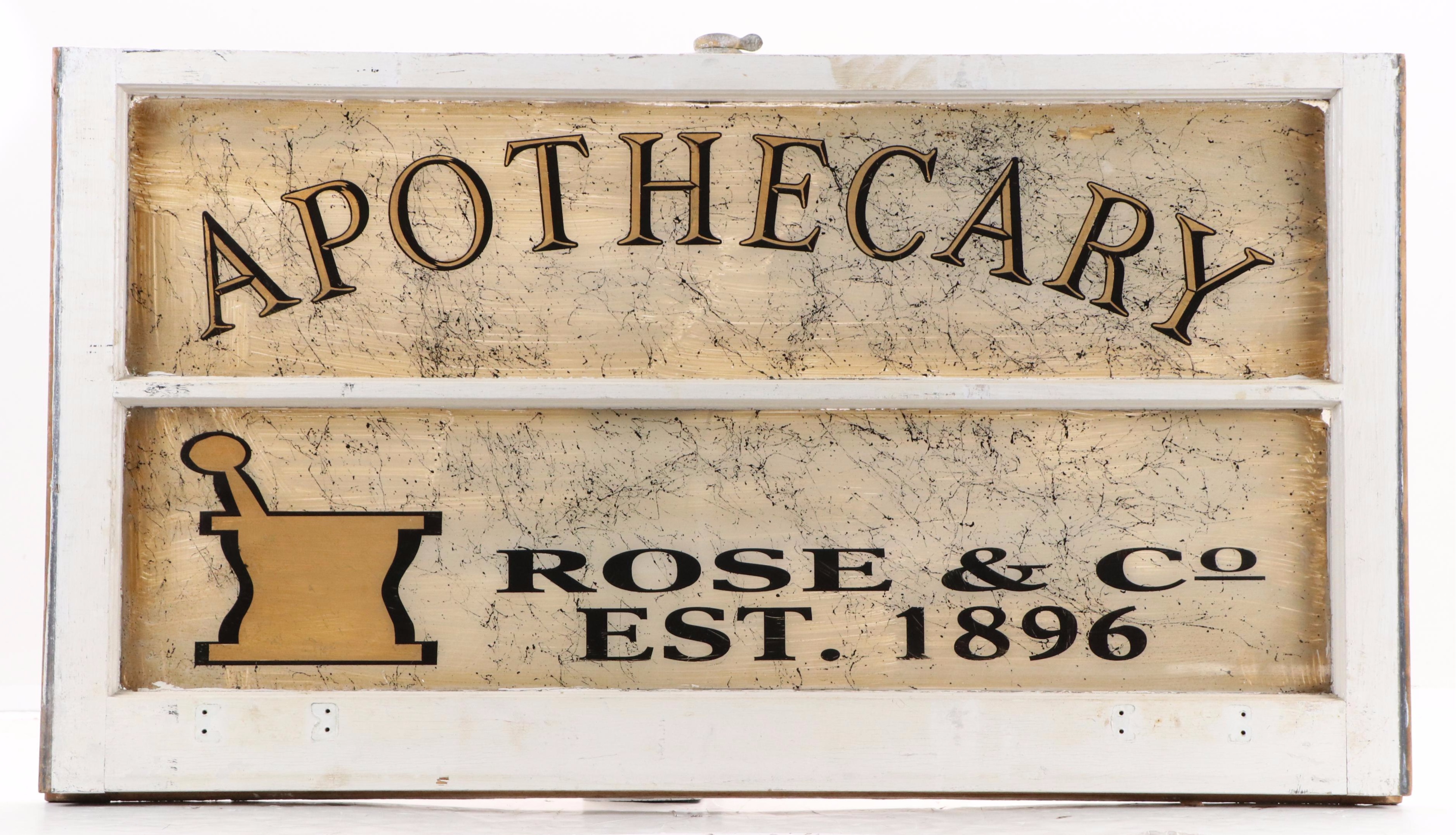 Reverse-Painted Rose & Co Apothecary Advertising Window Pane