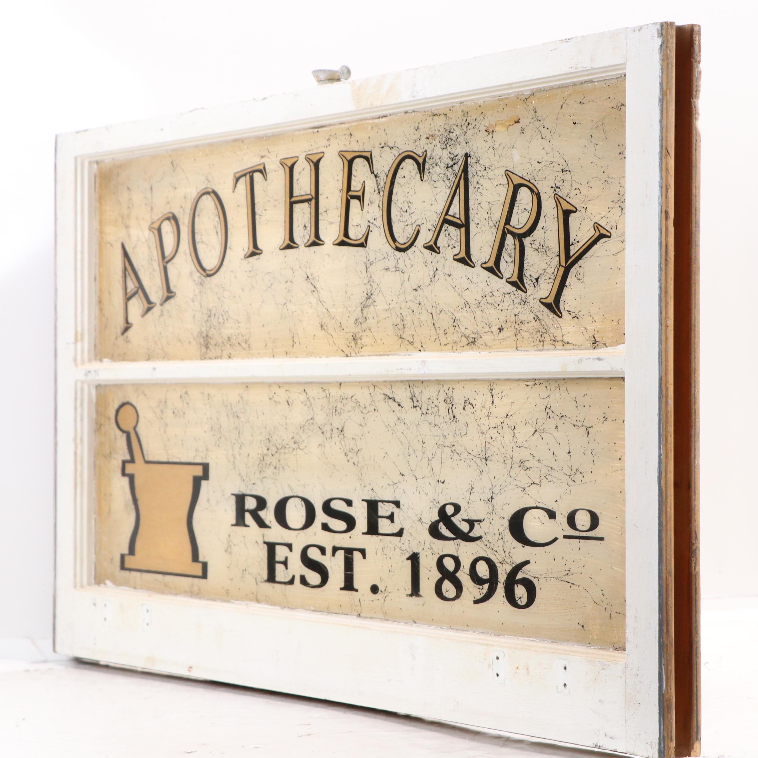 Reverse-Painted Rose & Co Apothecary Advertising Window Pane