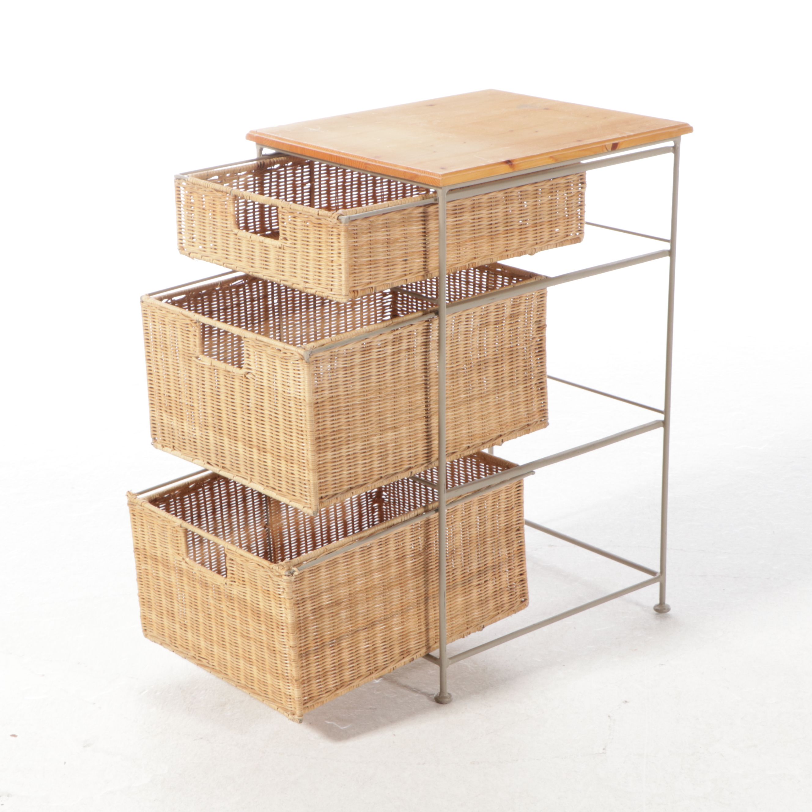 Storage Chest with Wicker Baskets and Upholstered Storage Ottoman