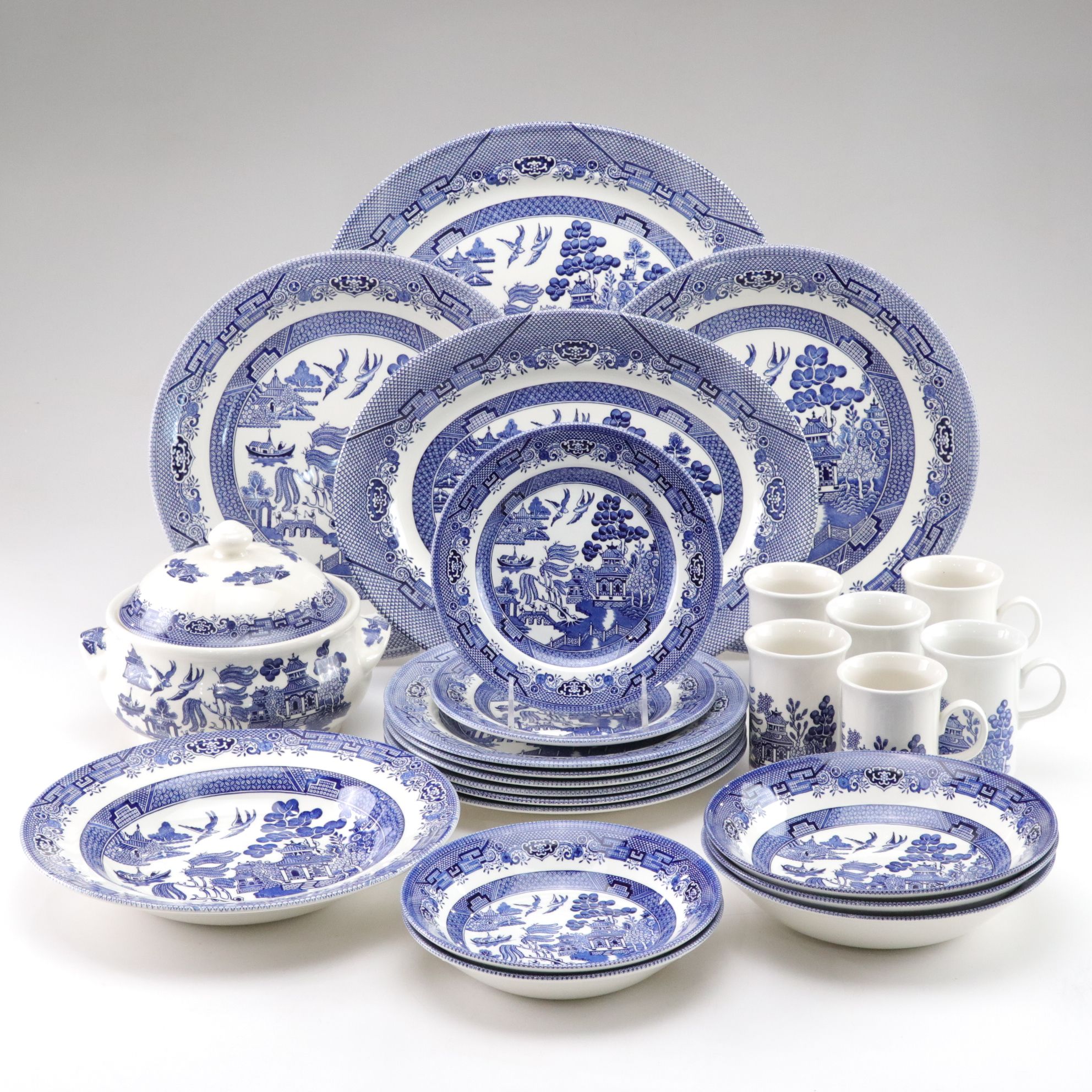 Churchill "Blue Willow" Set of Dinnerware with Soup Tureen and Serving Platters