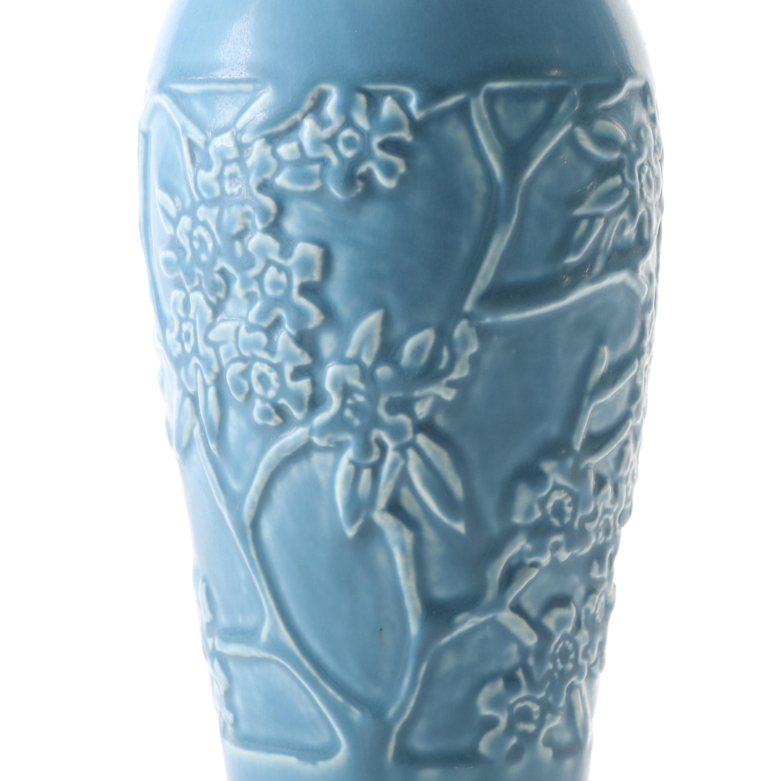 Rookwood and Zanesville Pottery Matte Blue Ceramic Vases, Early to Mid-20th C.