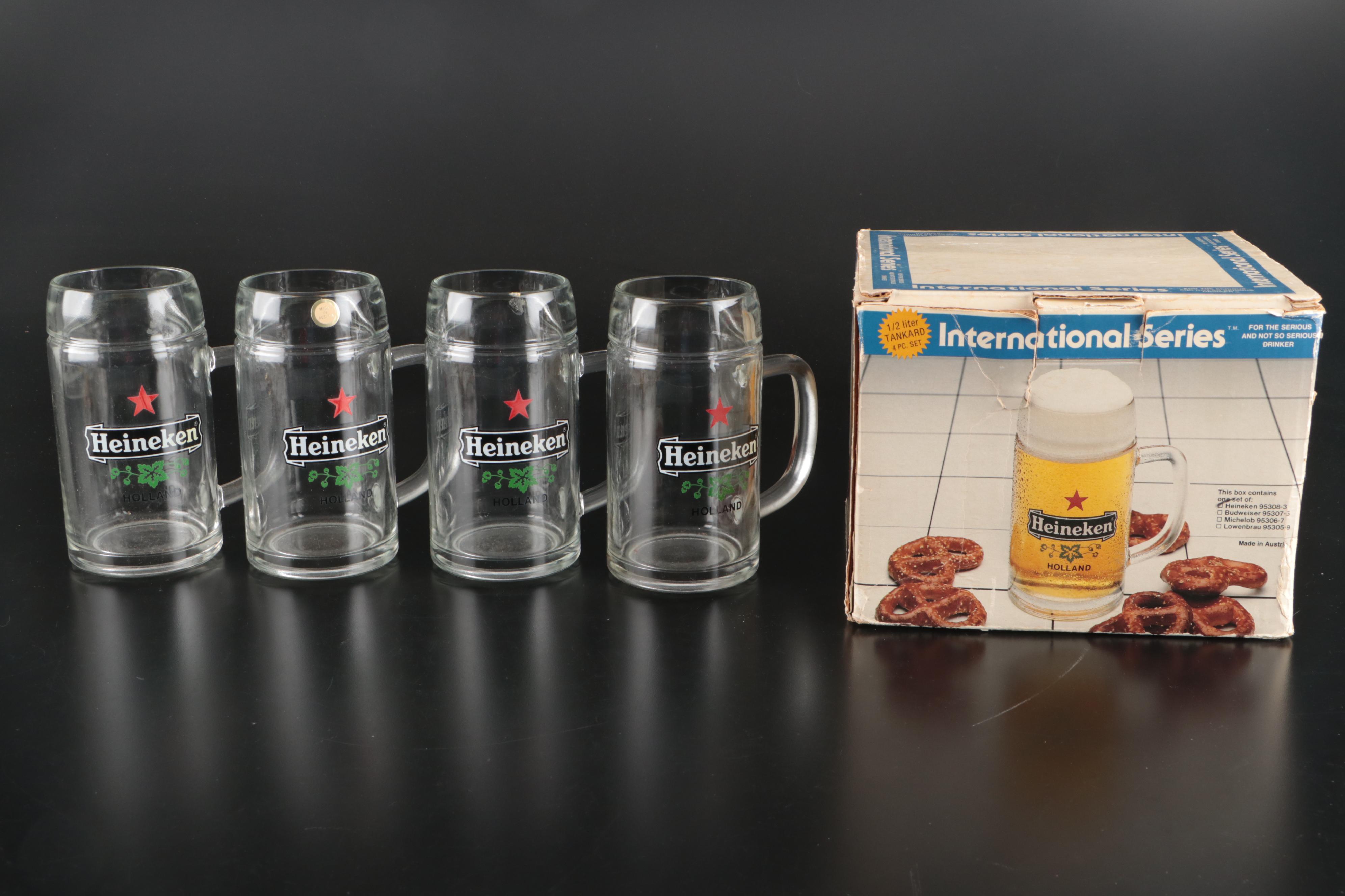 Miller Lite Oak Tap Handle with Heineken 1/2 Liter Tankards