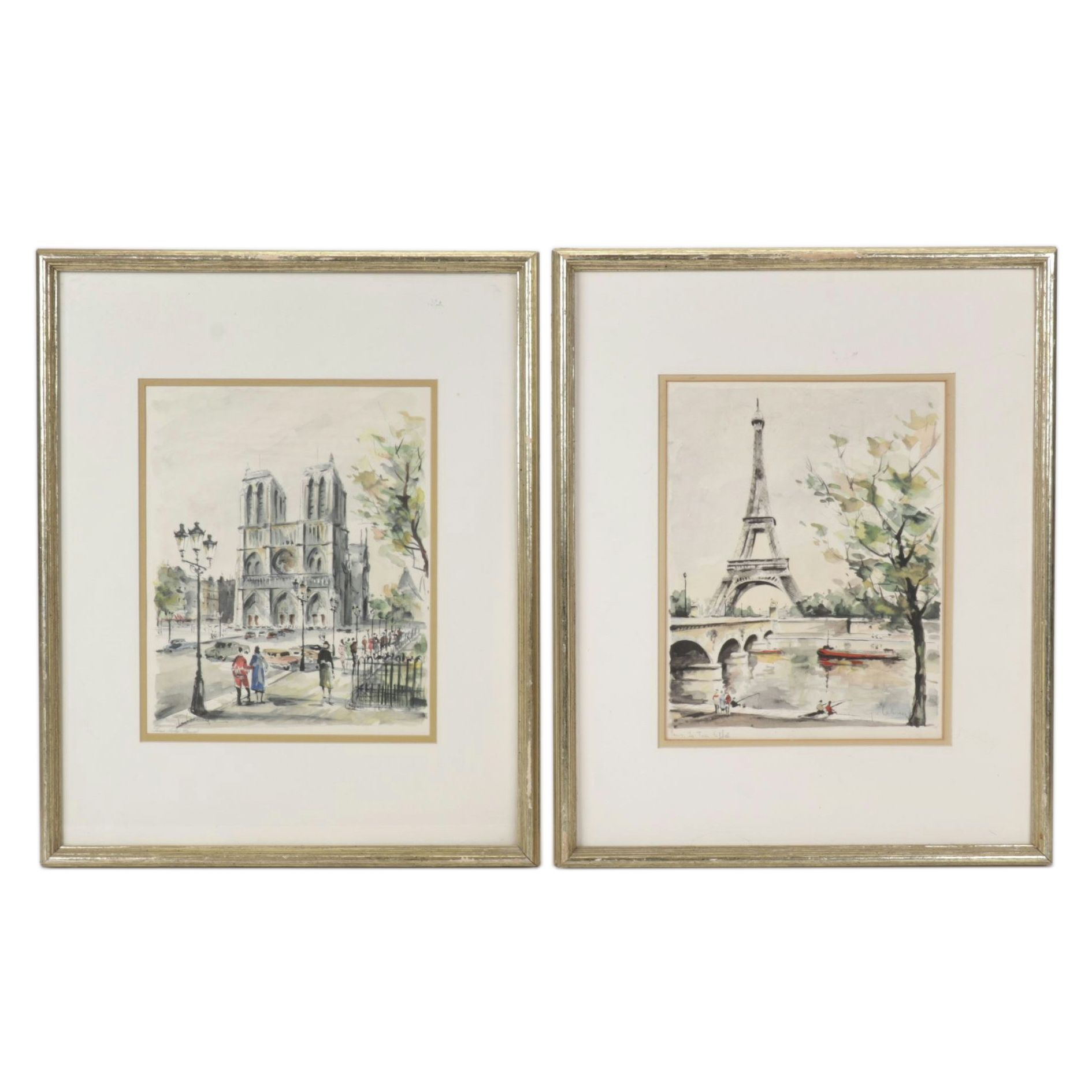 G. LeLong "Paris, La Tour Eiffel" and "Paris, Notre Dame" Watercolor Paintings