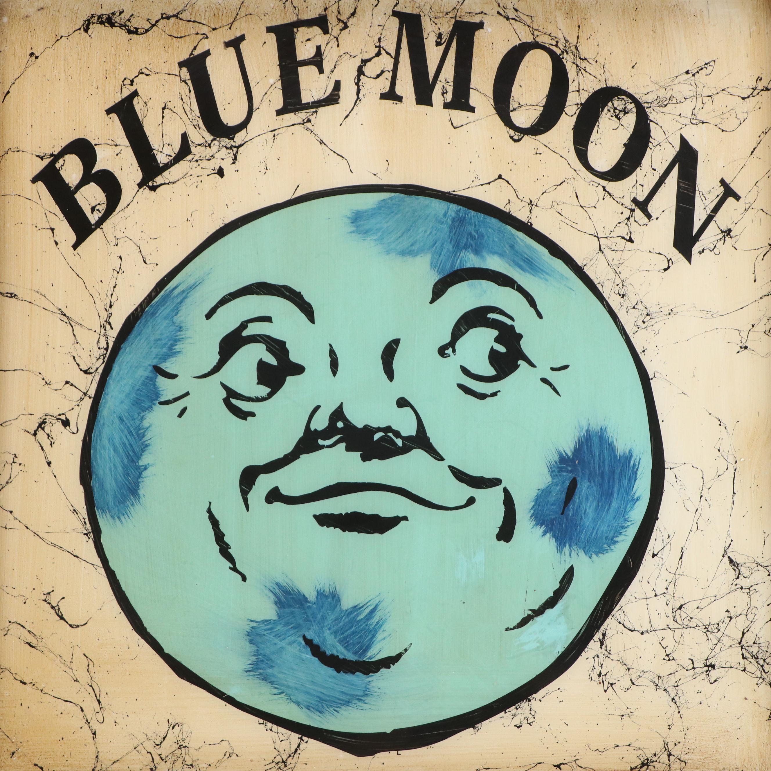 Reverse Painted Blue Moon Advertising Window Pane