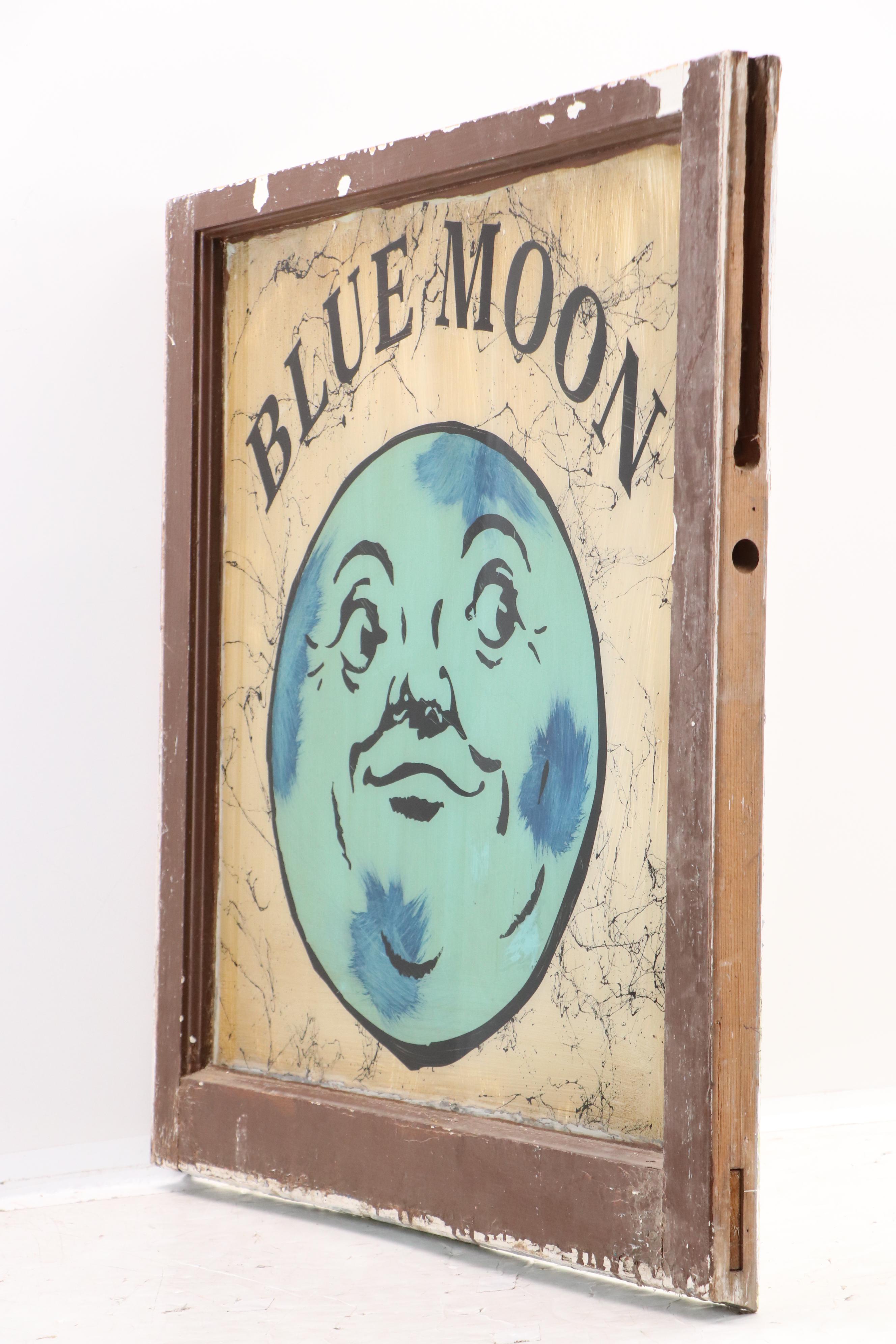 Reverse Painted Blue Moon Advertising Window Pane