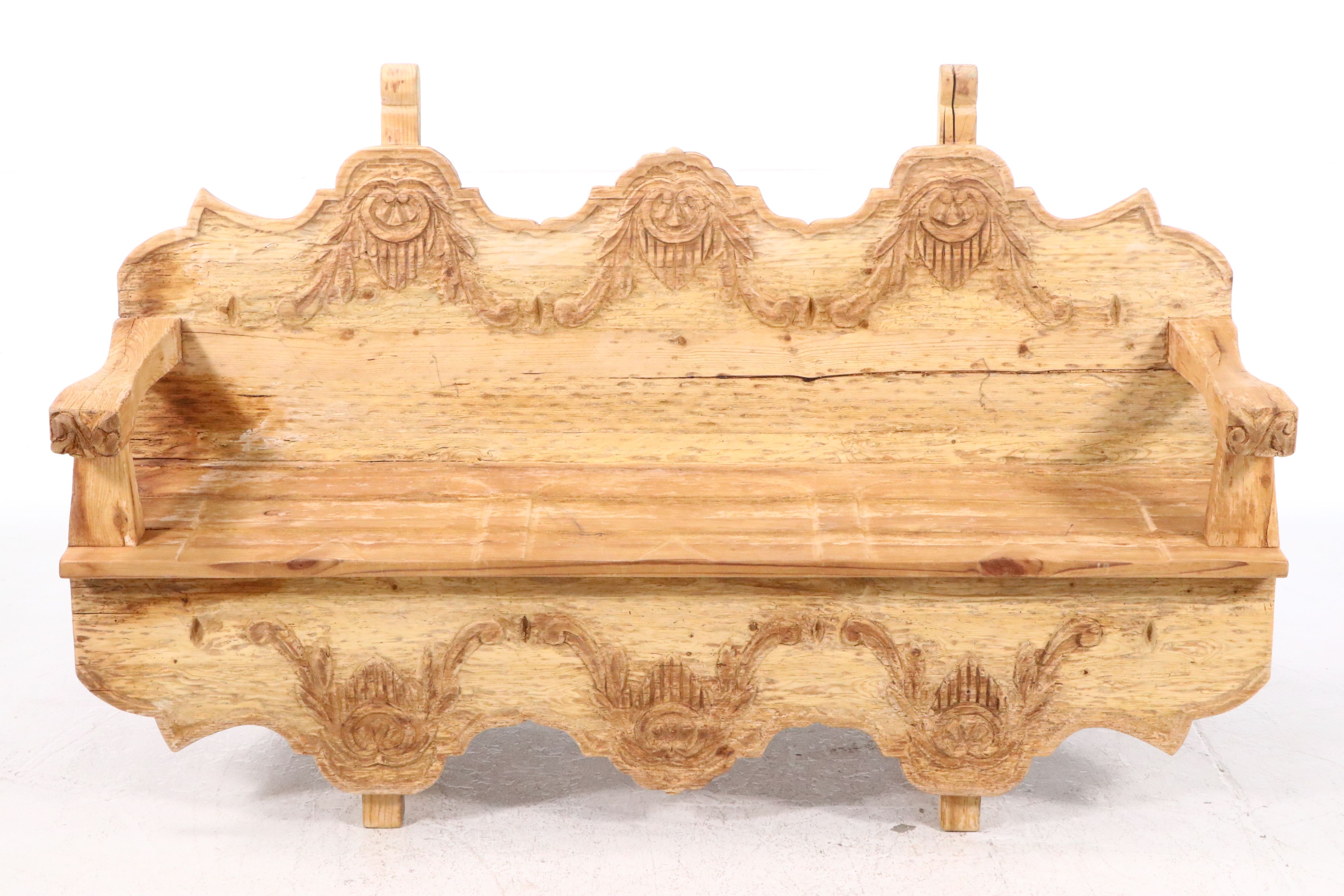 Rustic Mexican Carved Wood Bench