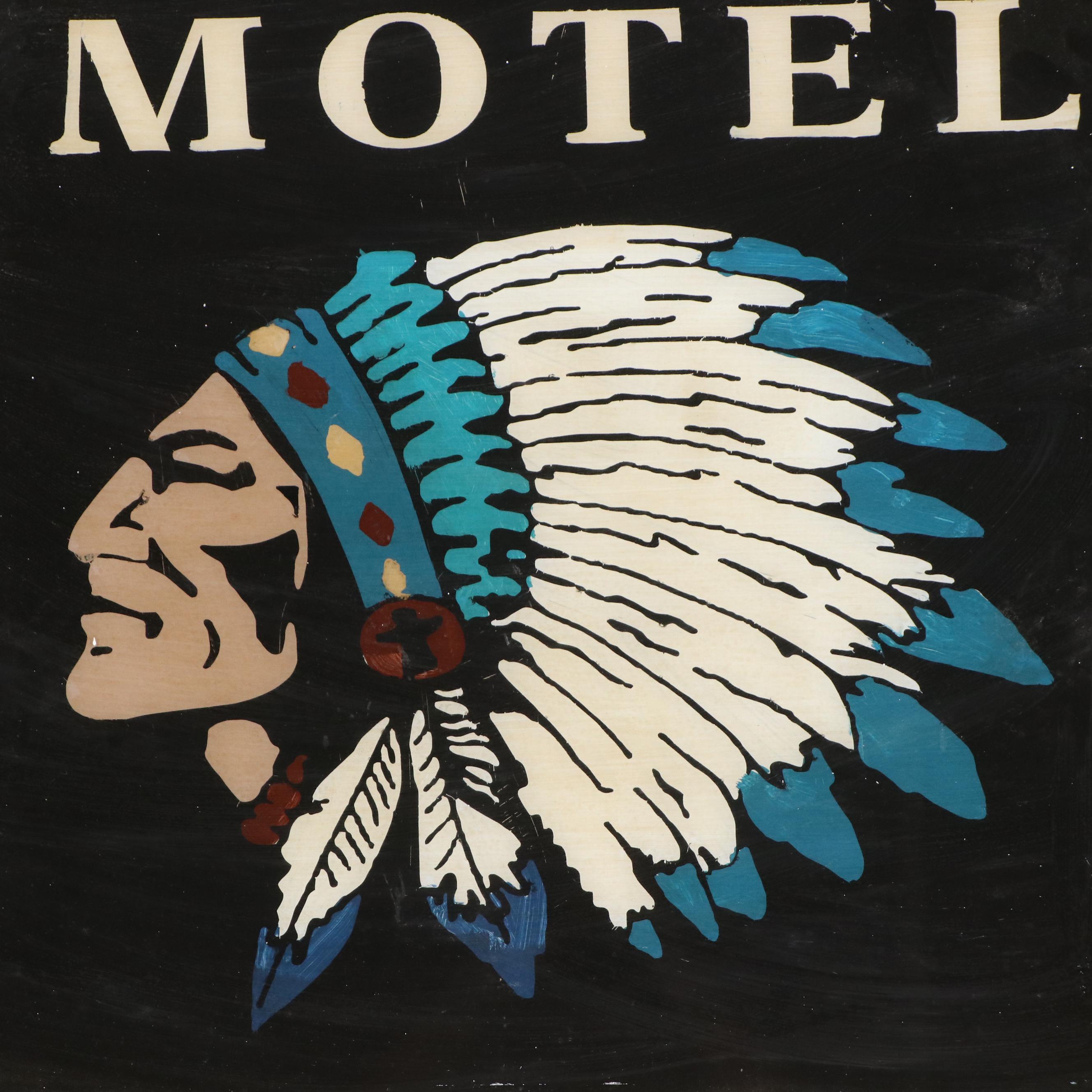 Reverse Painted Blue Feather Motel Advertising Window Pane
