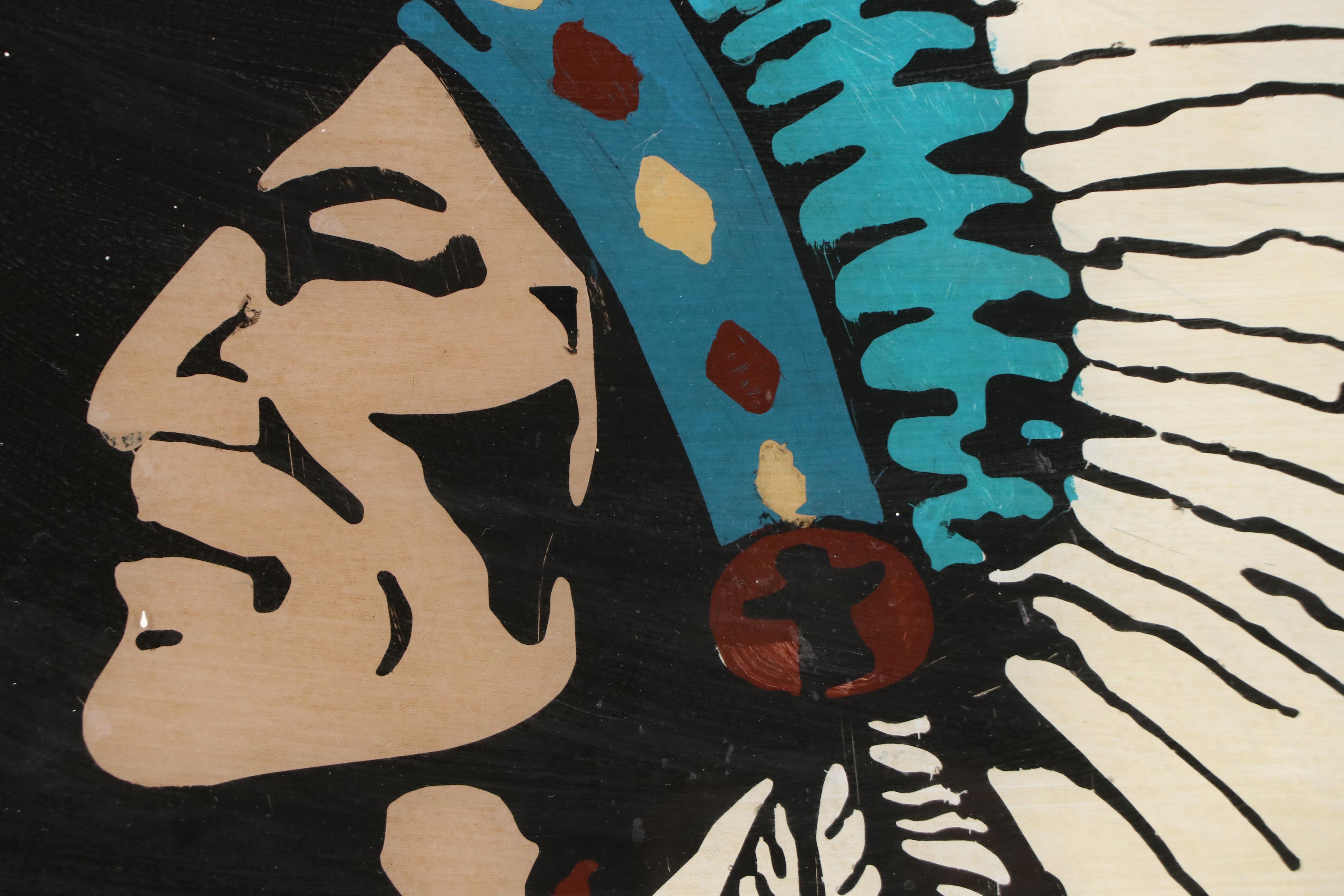 Reverse Painted Blue Feather Motel Advertising Window Pane