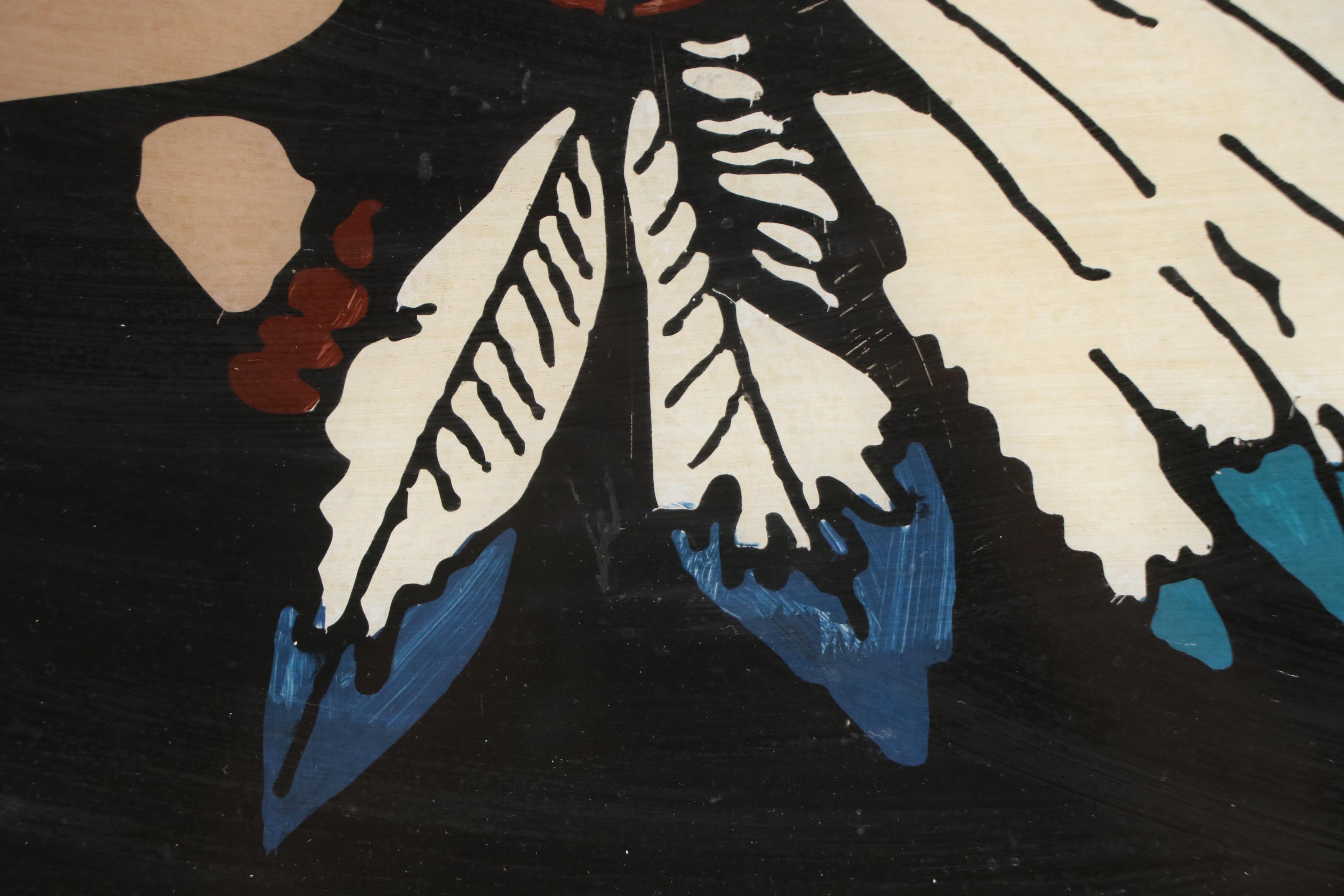 Reverse Painted Blue Feather Motel Advertising Window Pane