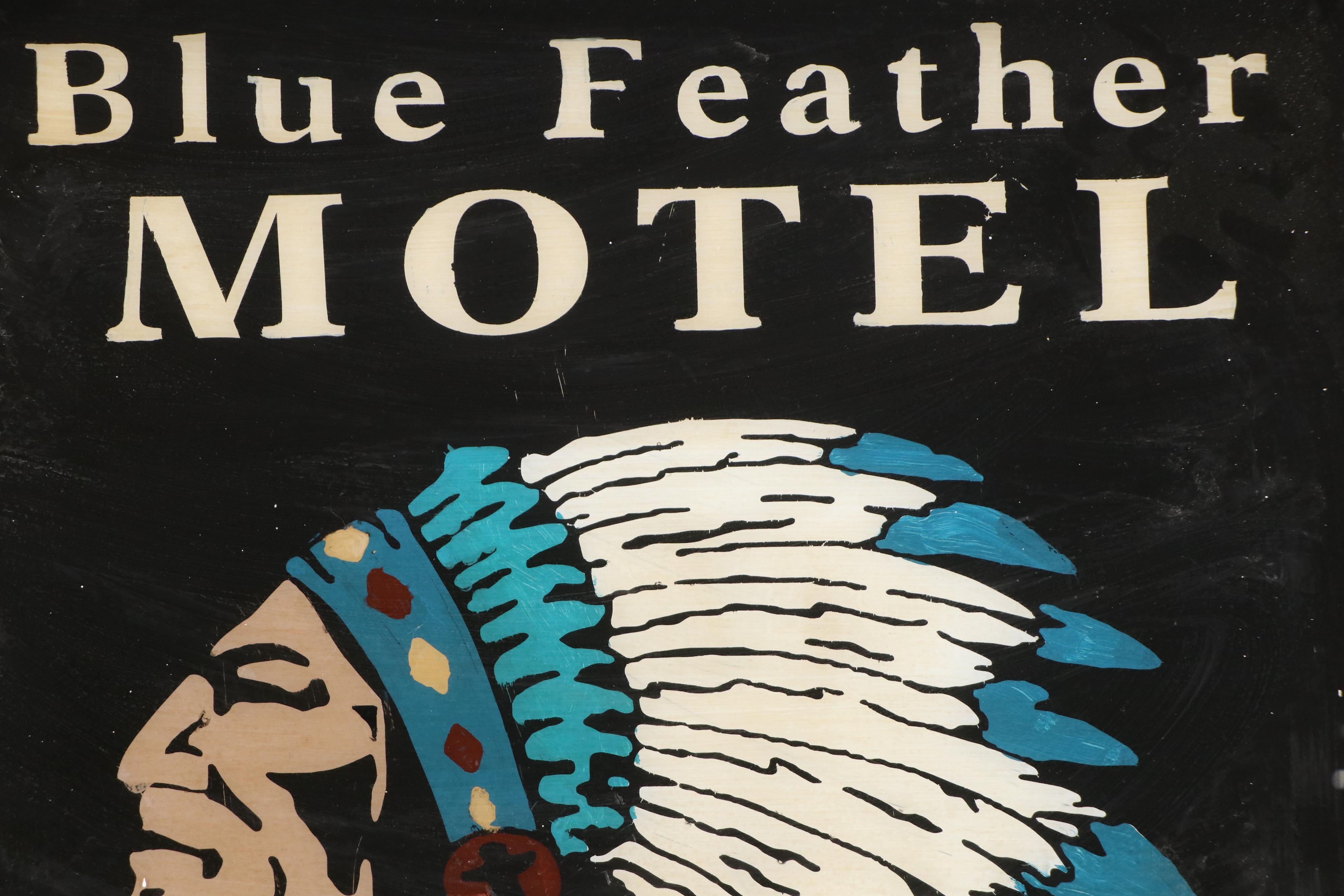 Reverse Painted Blue Feather Motel Advertising Window Pane