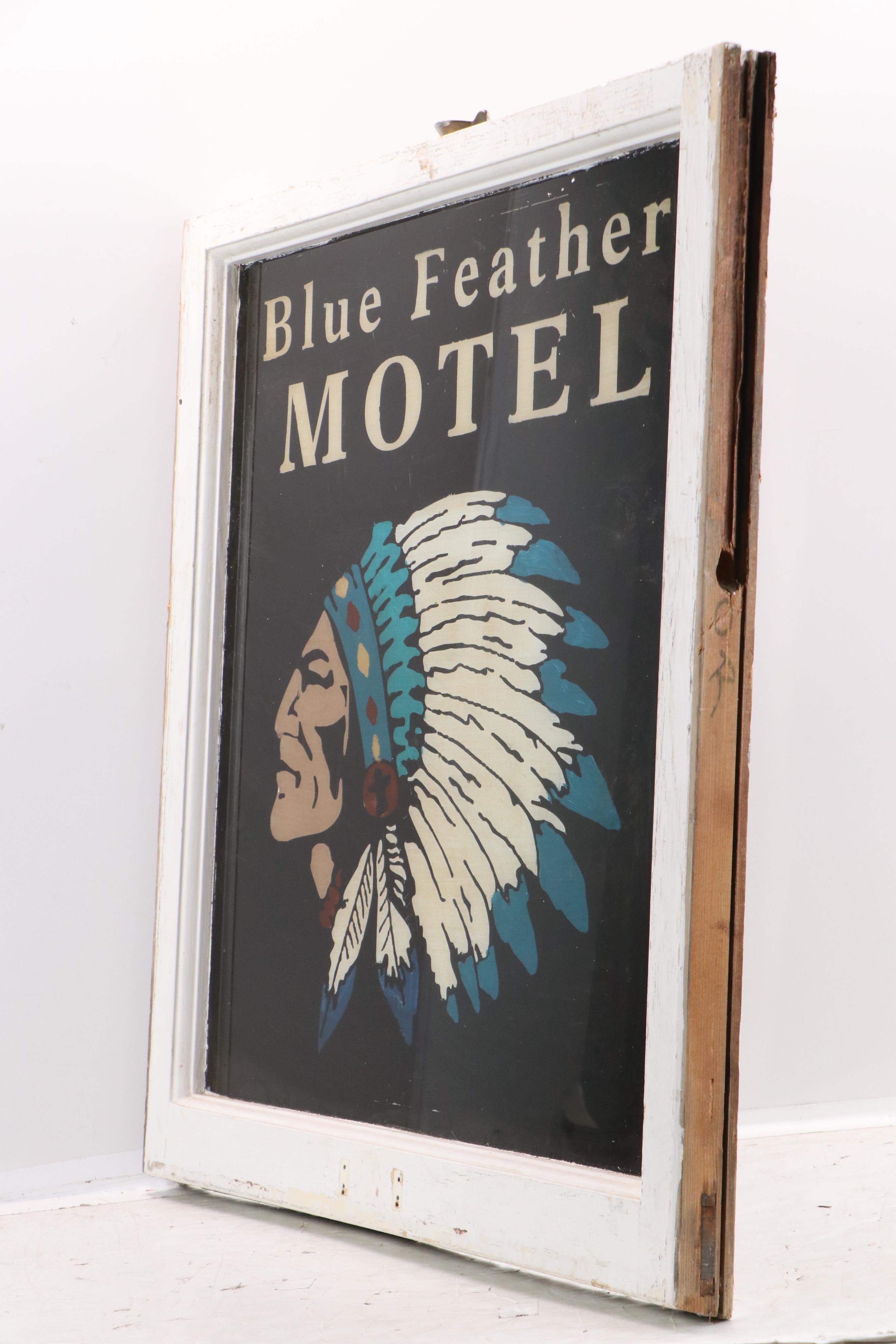 Reverse Painted Blue Feather Motel Advertising Window Pane