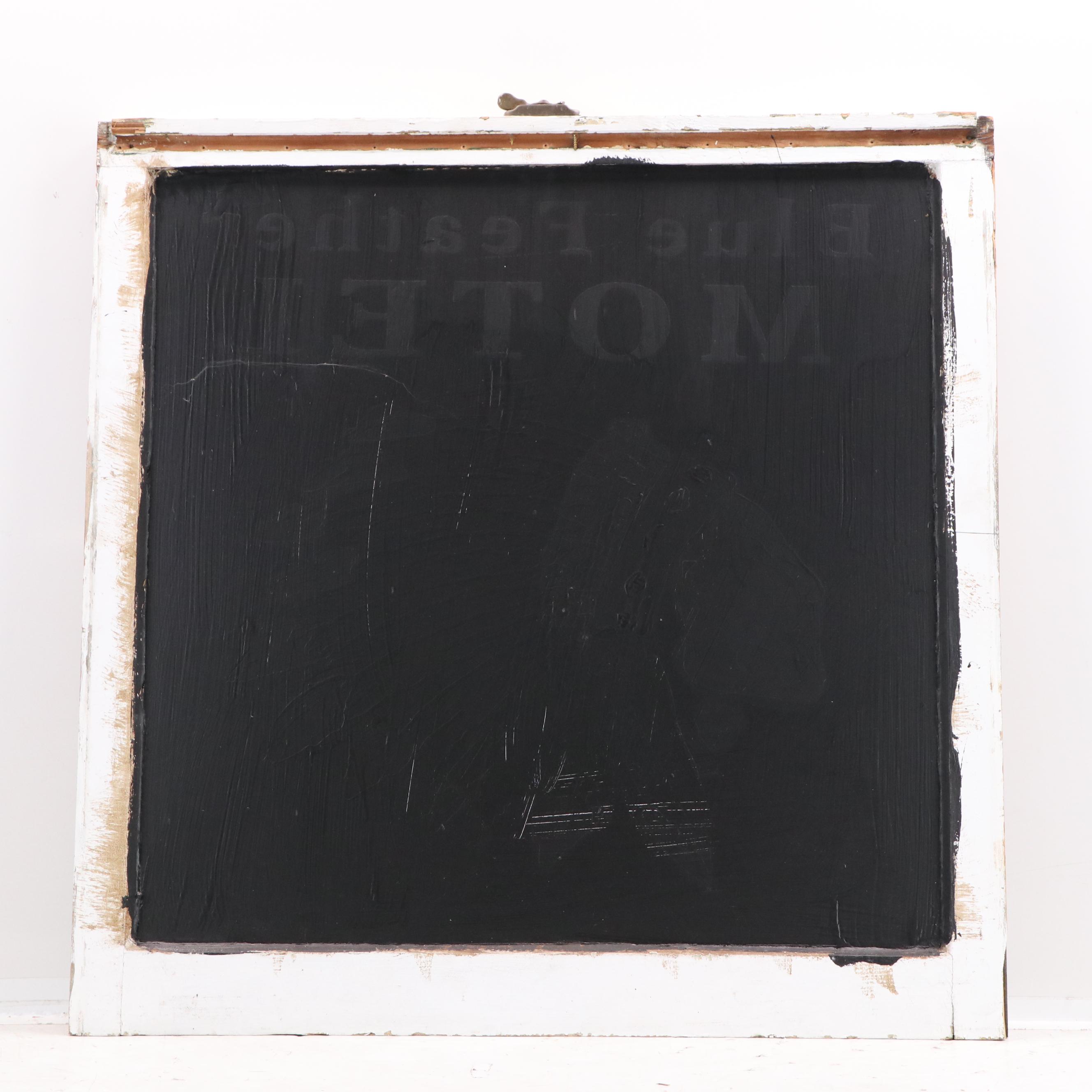 Reverse Painted Blue Feather Motel Advertising Window Pane