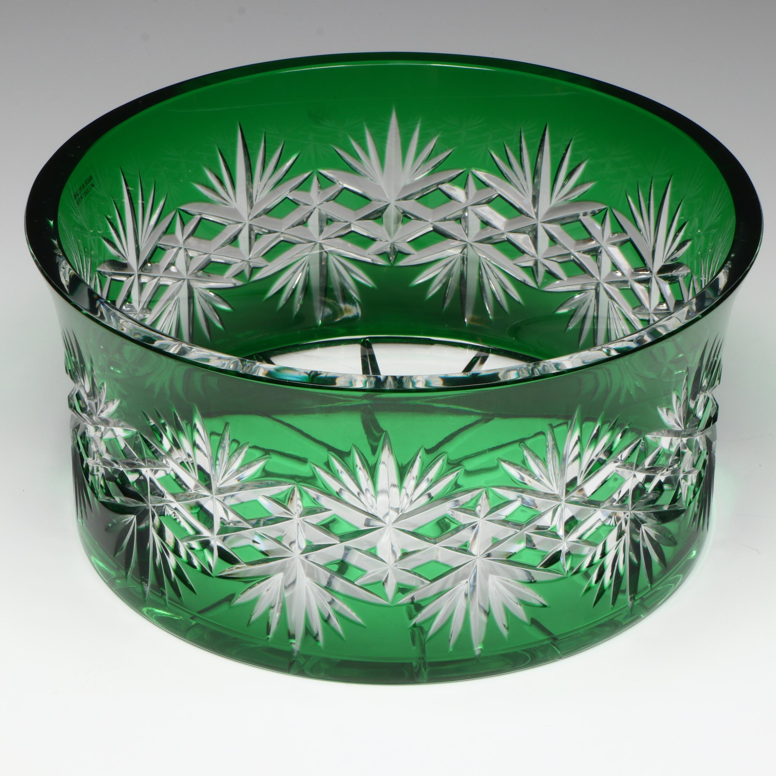 Polish Green Cut to Clear Crystal Centerpiece Bowl