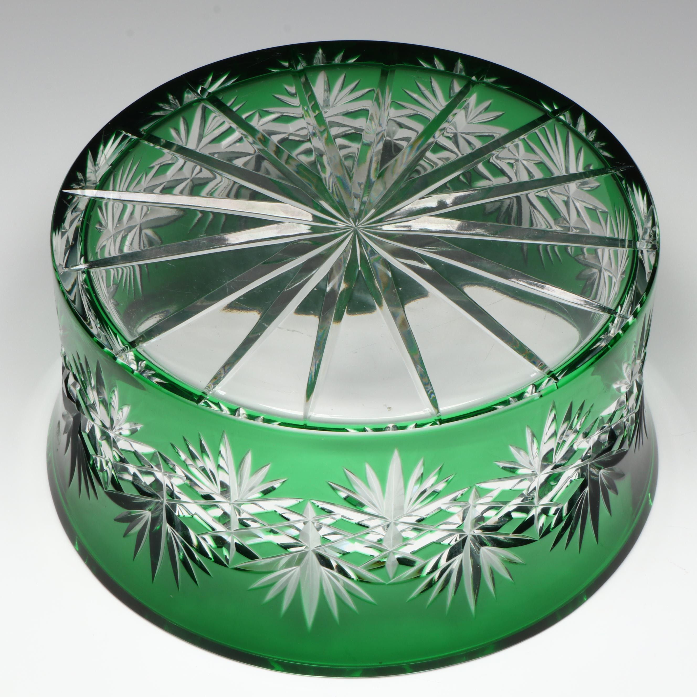 Polish Green Cut to Clear Crystal Centerpiece Bowl