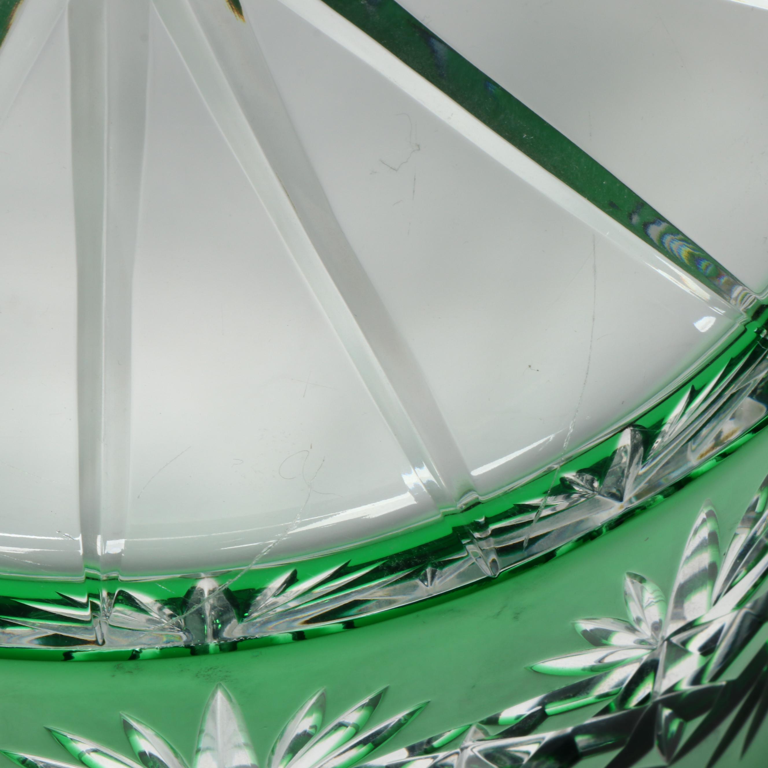 Polish Green Cut to Clear Crystal Centerpiece Bowl