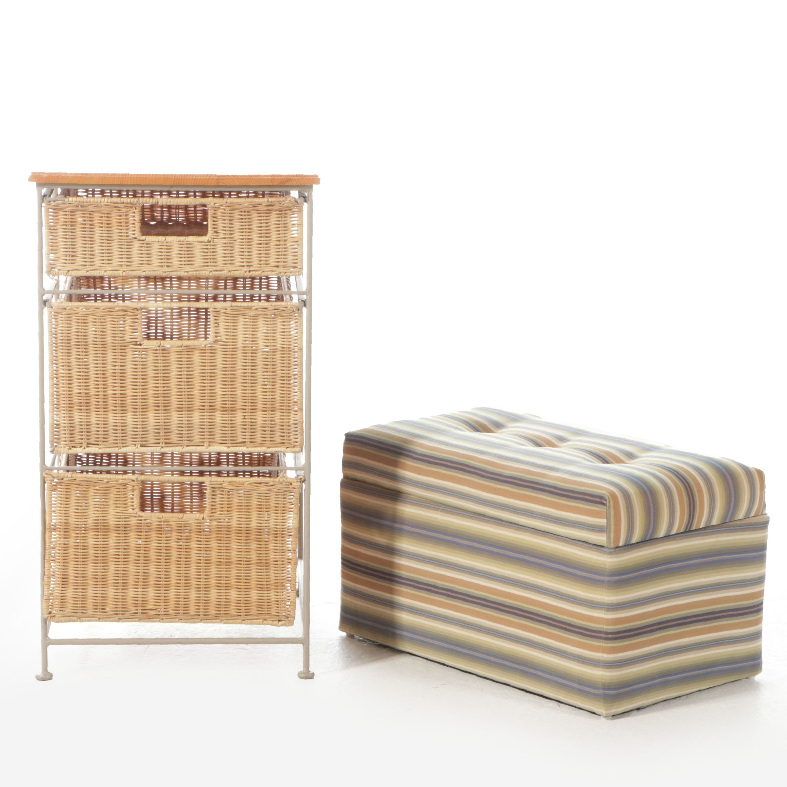 Storage Chest with Wicker Baskets and Upholstered Storage Ottoman