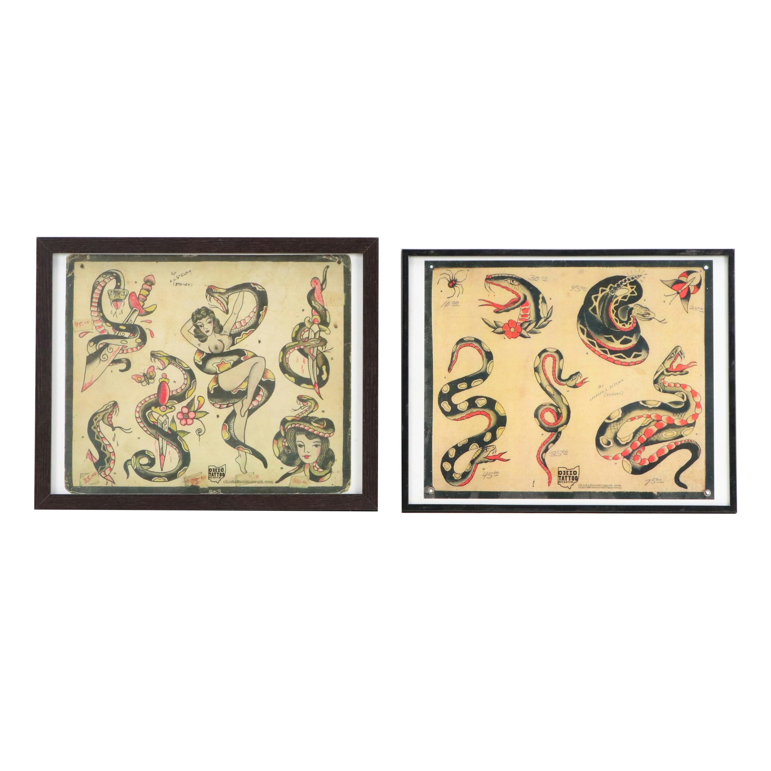 Ohio Tattoo Museum Offset Lithographs of Vintage Snake Tattoo Designs