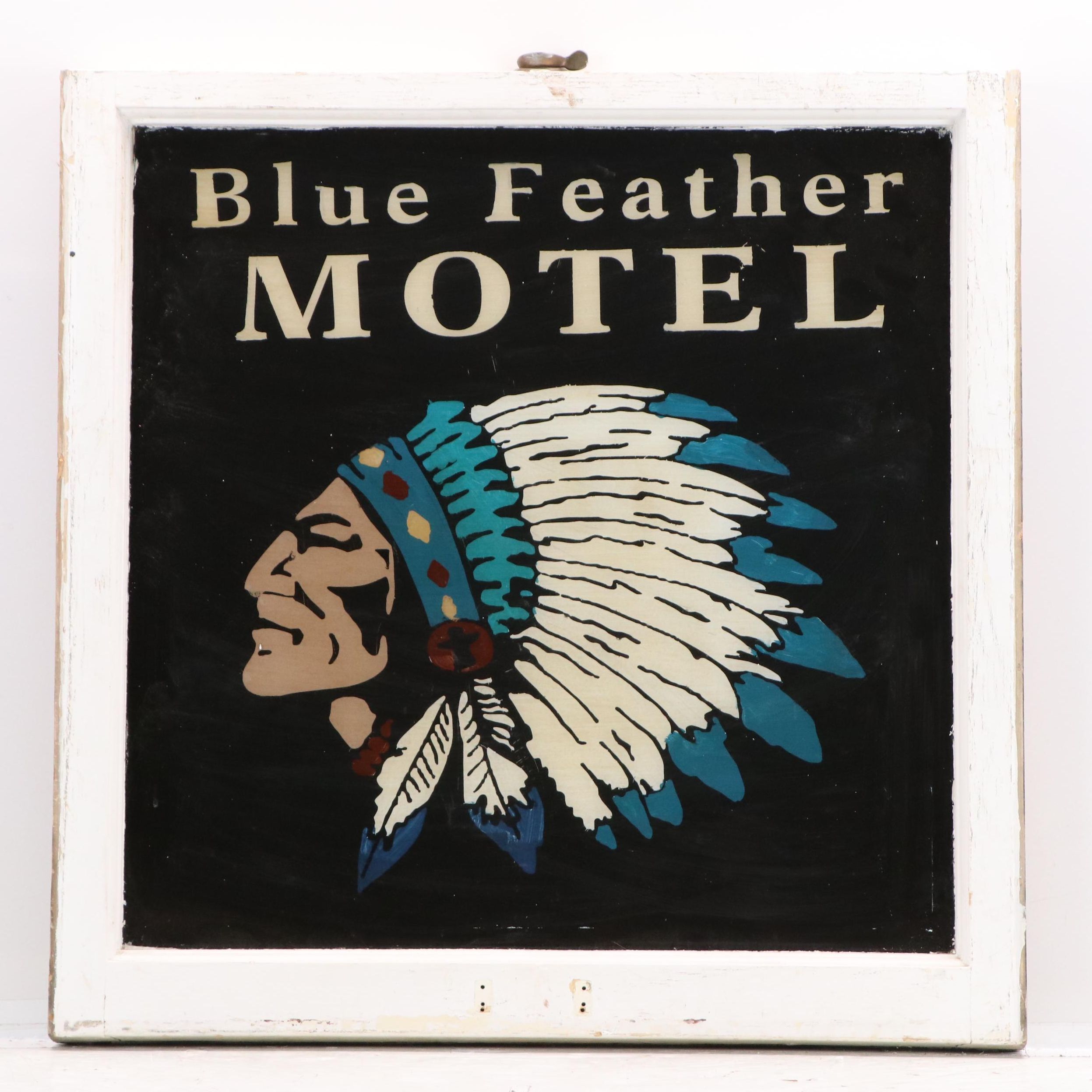 Reverse Painted Blue Feather Motel Advertising Window Pane