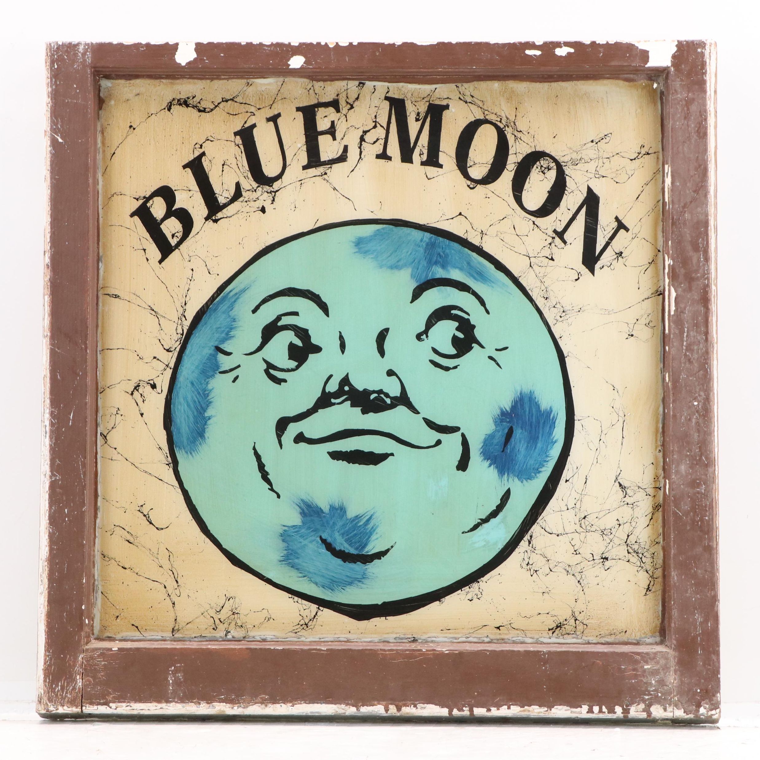 Reverse Painted Blue Moon Advertising Window Pane