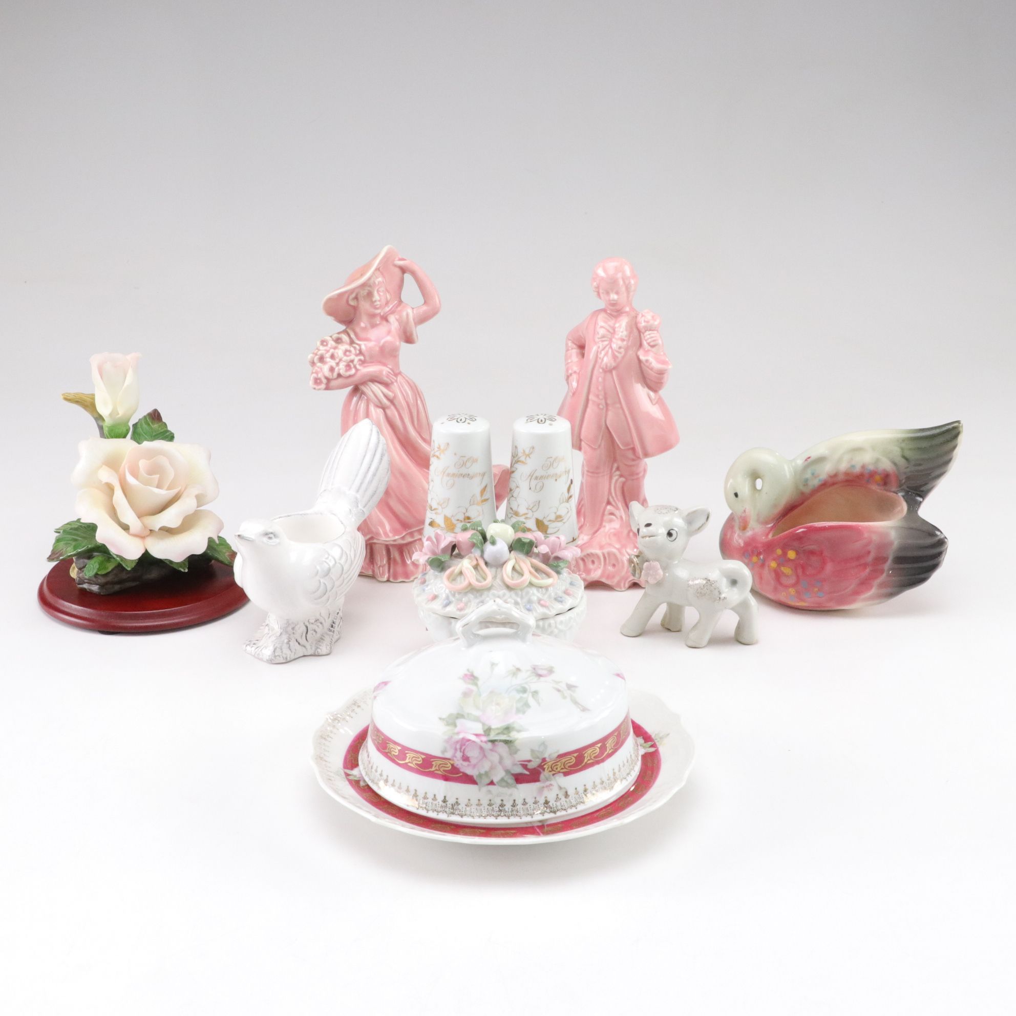 Gilt Porcelain Butter Dish with Salt & Pepper, Mid-Century Swan Planter and More