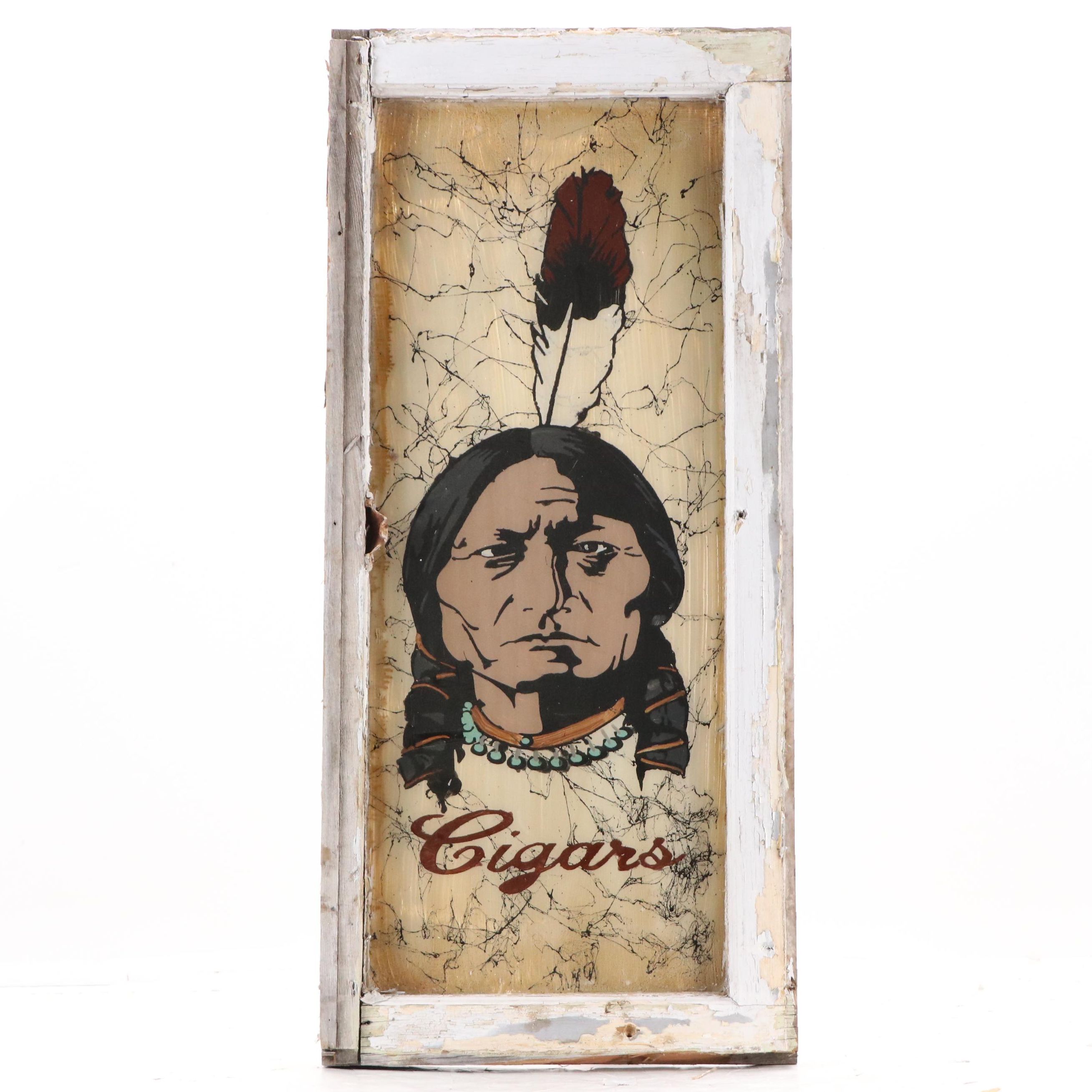Reverse Painted Cigar Advertising Window Pane